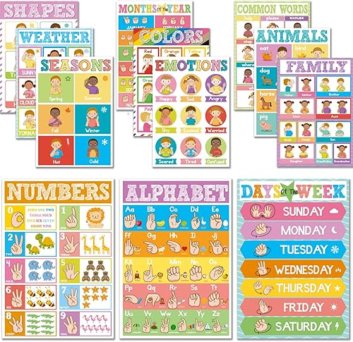 Juego de 12 pósteres ASL ABC de lenguaje de señas de lenguaje de señas americano para niños pequeños, estudiantes, decoración de aula, regalo ASL