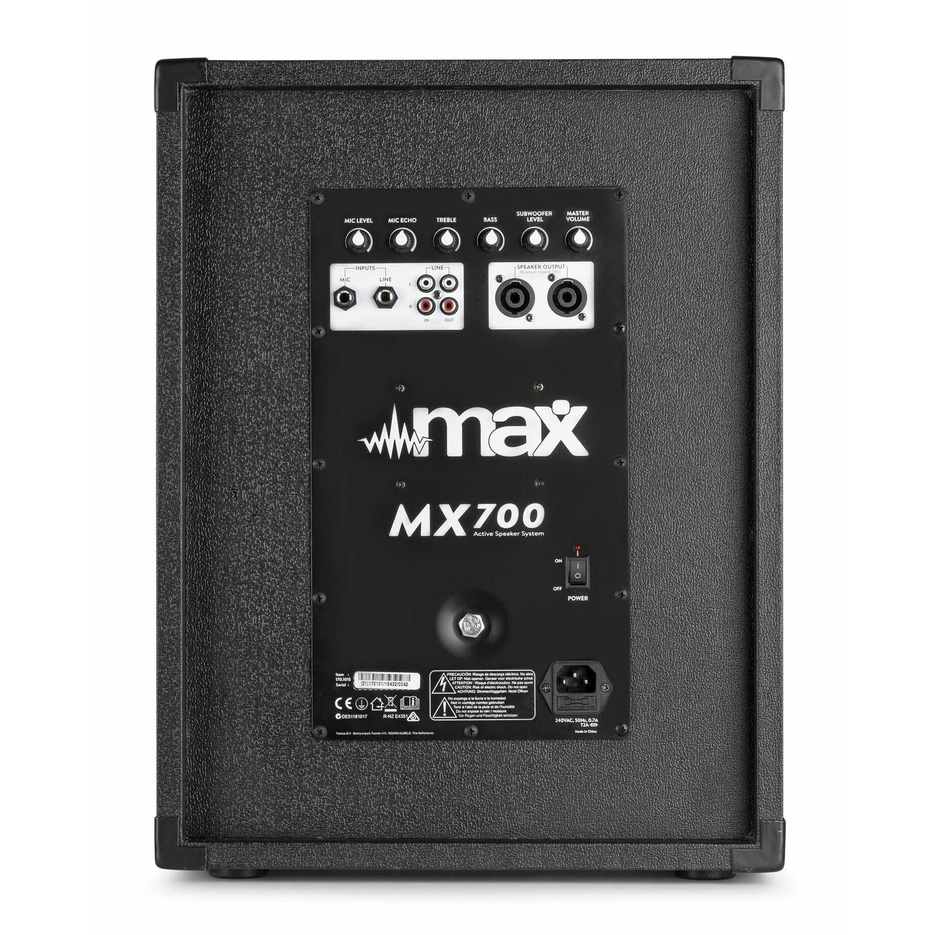 MAX MX700 DJ Boxen Set mit einem aktiven 12 Zoll Subwoofer und Zwei Passive 8 Zoll Lautsprecher, 700 Watt PA Anlage Komplettset für Mobile DJs und Musiker auf kleinen Veranstaltungen, Schwarz