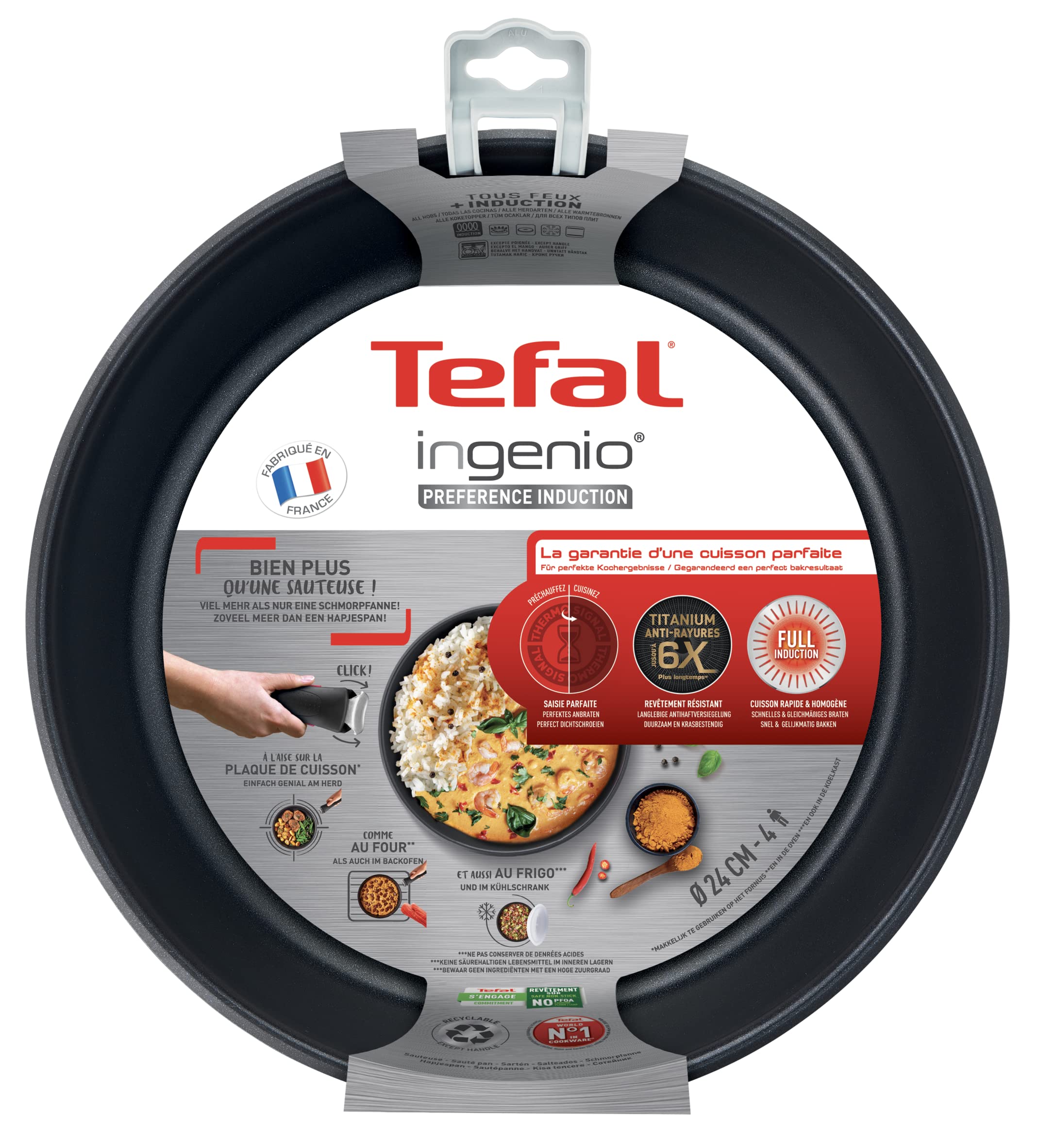 Tefal Ingenio Sauteuse 24 cm, Induction, Revêtement antiadhésif, Acier inoxydable, Gain de place, Indicateur de température, Fabriqué en France, Preference L9733502