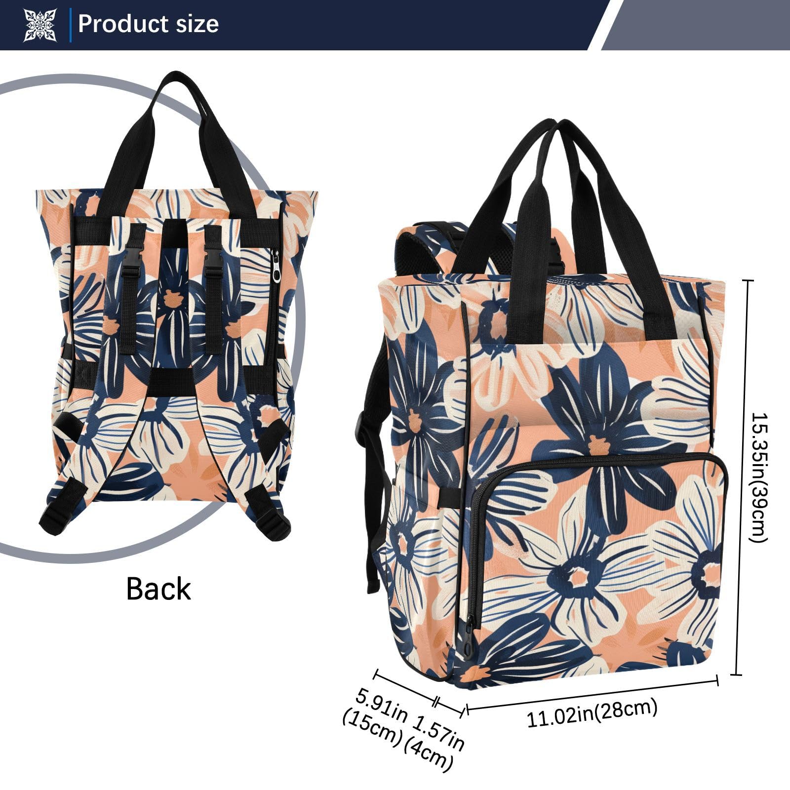 Borsa per pannolini per la mamma con fiori color pesca e blu navy