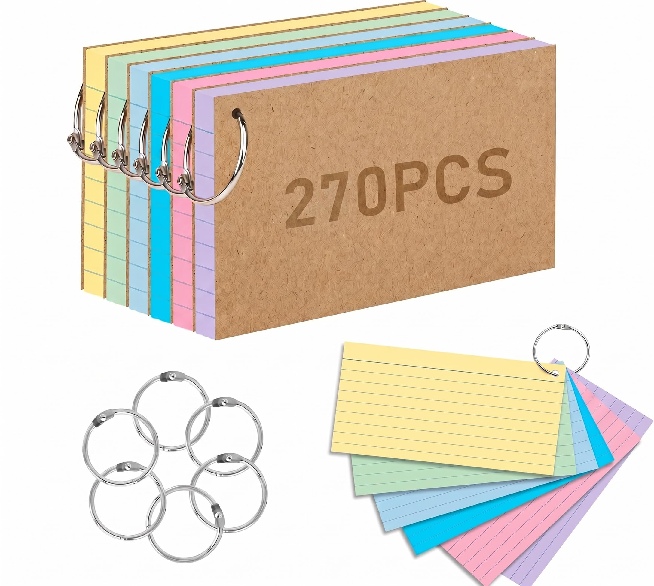 270Pcs Flash Cards, 5x3 Inch Colourful Index Cards for Study & Revision