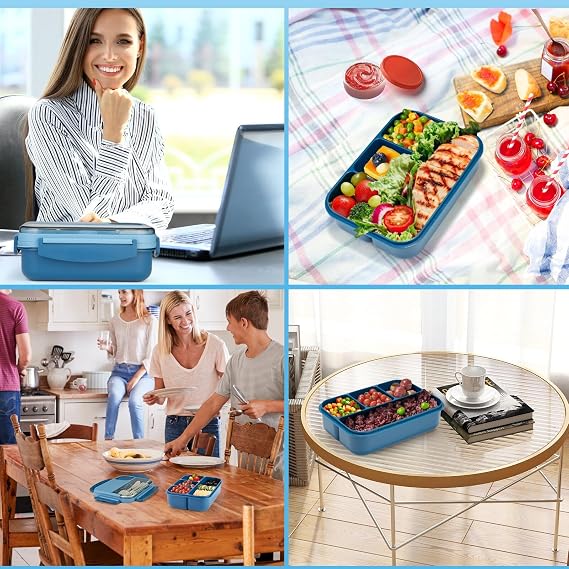 JIUFOXINO Box Lunch Box,1300ml Bento Lunch Box for Adults and Kids, Lunch Container with 4 Compartments, 4-in-1 Meal Prep Container with Fork & Spoon, Microwave Dishwasher Safe Available (Blue)