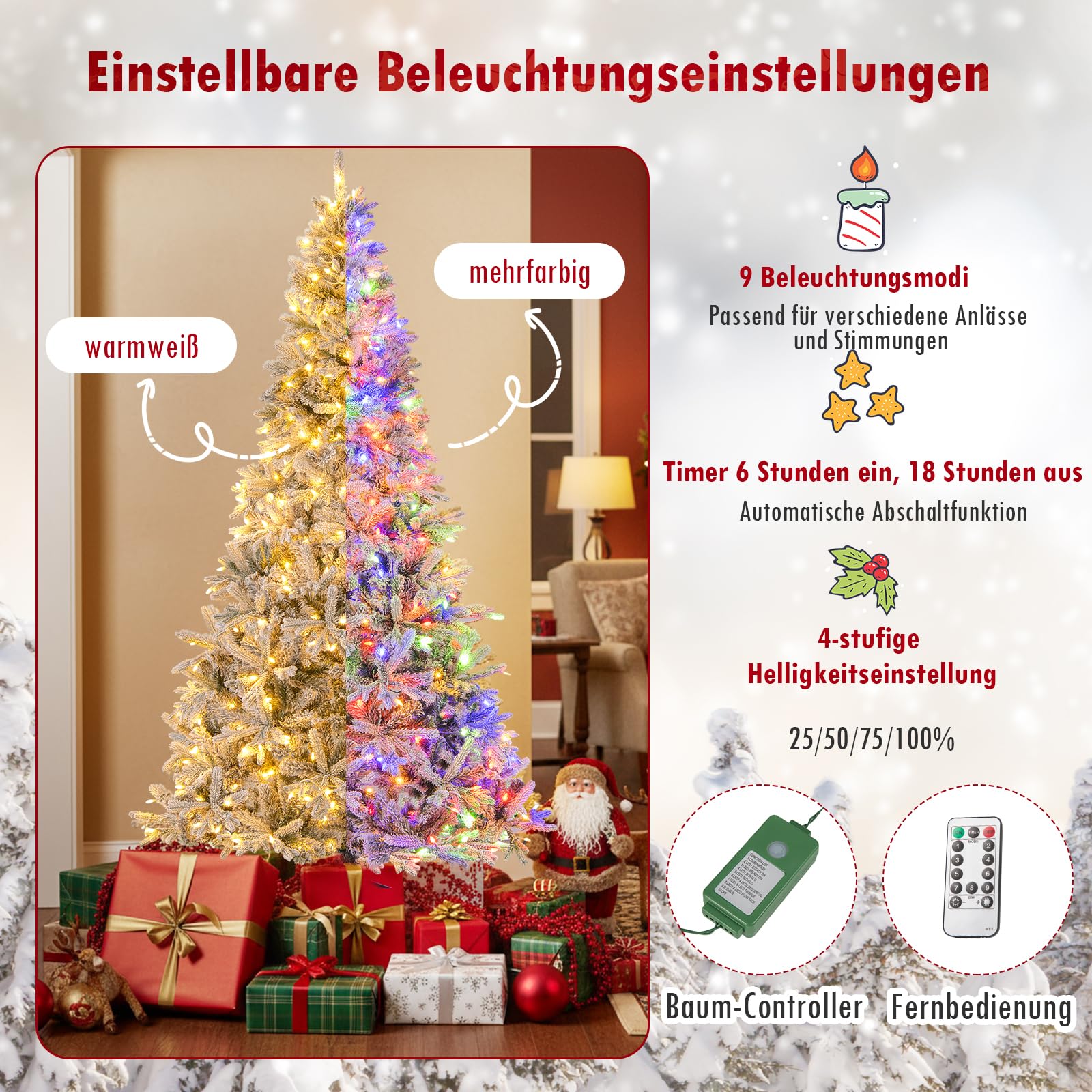 COSTWAY 180 cm Künstlicher Halber Weihnachtsbaum mit Beleuchtung und Schnee, Tannenbaum mit 180 LED-Lichtern, 9 Modi, Fernbedienung, Christbaum, Kunstbaum Weihnachten für Zuhause
