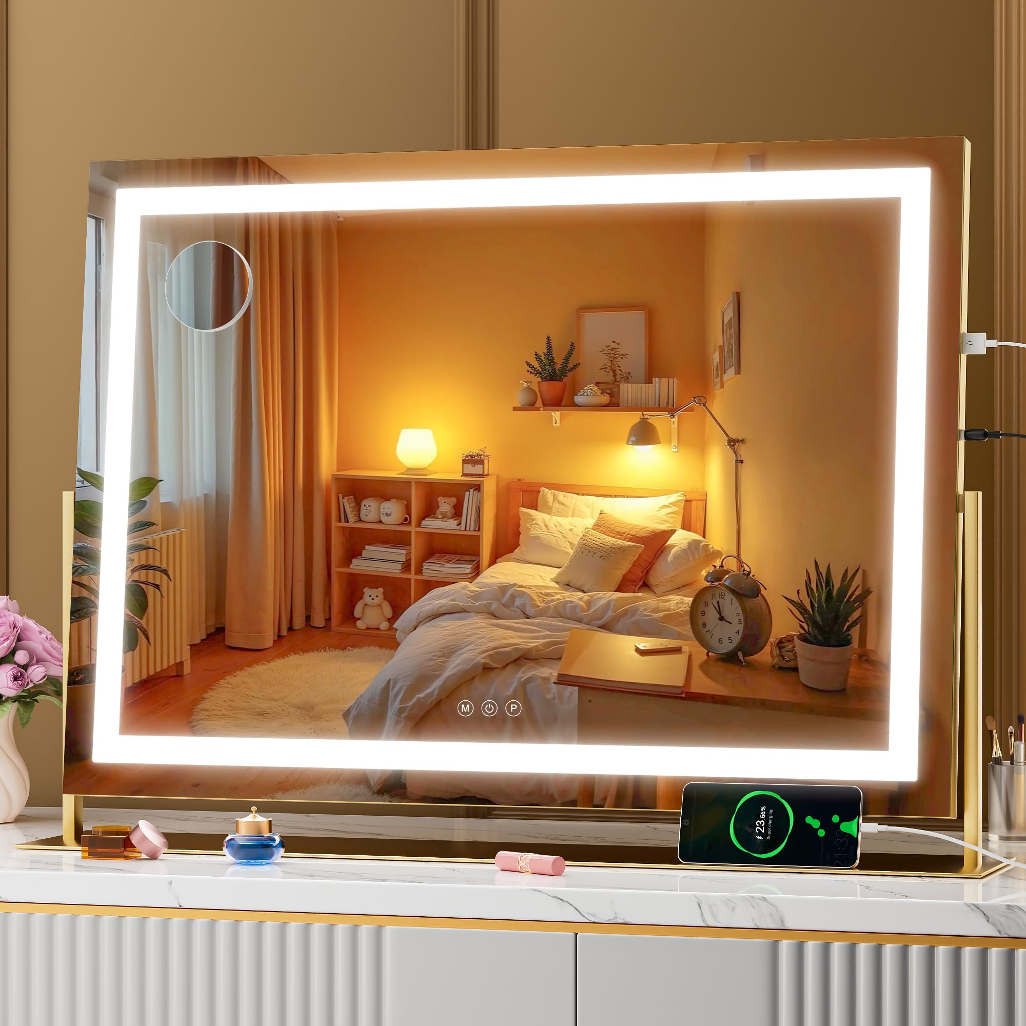 Espejo de tocador con luces Hasipu de 75x55 cm para un maquillaje impecable en tu dormitorio