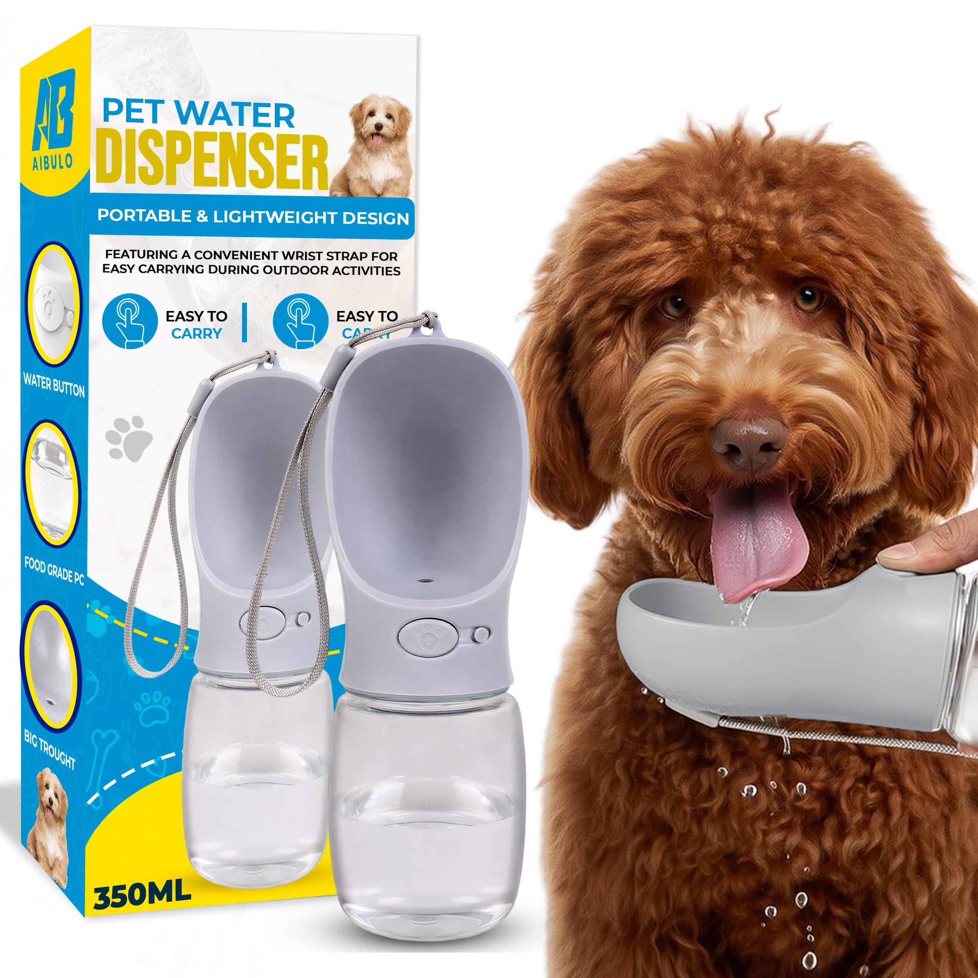 AIBULO Portable Pet Water Bottle 350ml | Leak-Proof Travel Water Dispenser for Dogs | BPA-Free Outdoor Puppy Drinking Bottle | One-Hand Operation Lightweight Design with Strap