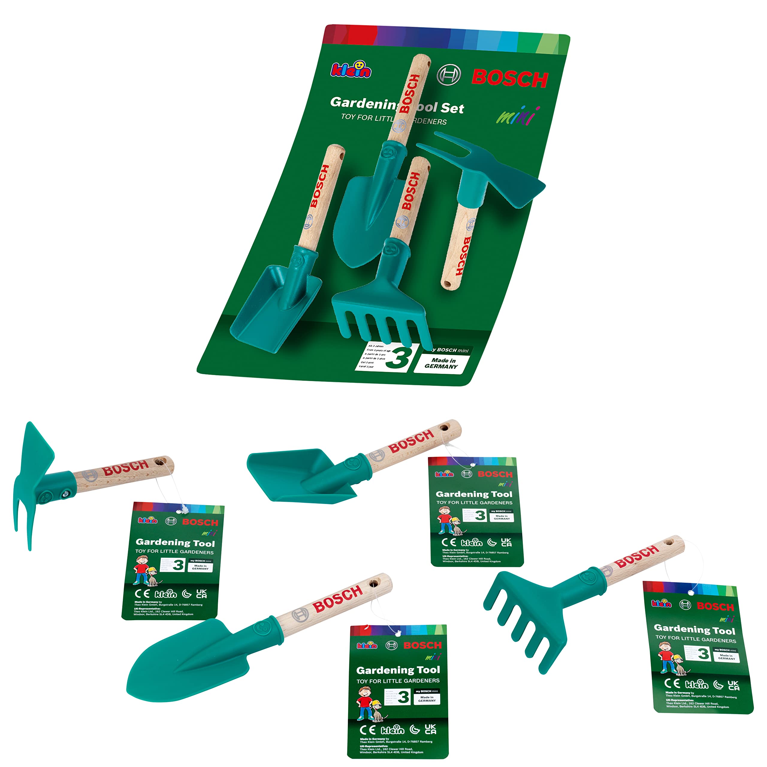 Theo Klein 2711 Kit de Herramientas de jardín de Mano Bosch, 4 Herramientas de jardinería para niños, Pala Cuadrada, rastrillo, Pala y azada, Juguetes para niños a Partir de 3 años