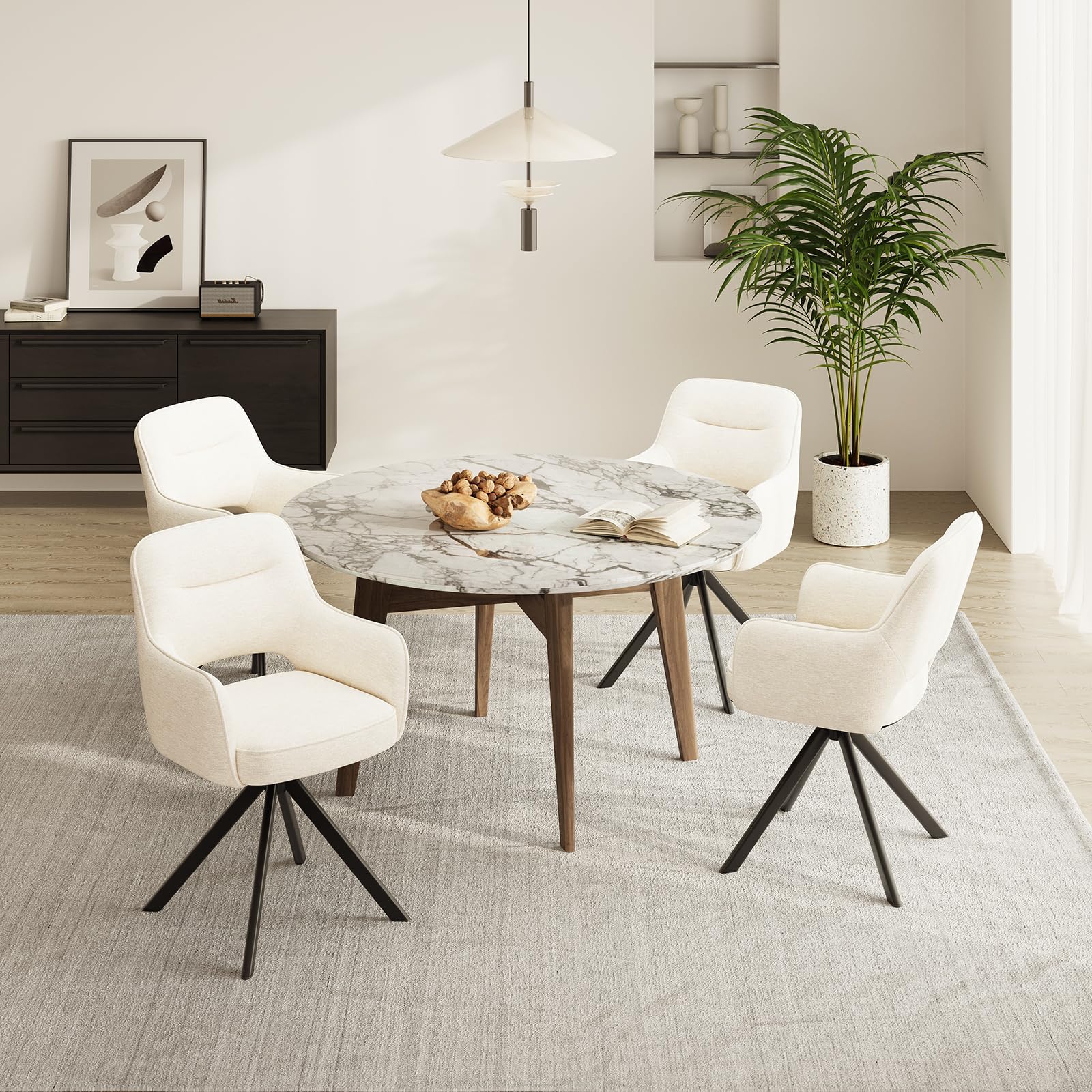 COLAMY Drehbare Esszimmerstühle 4er Set mit Armlehnen, Drehbare Polsterstühle für Küche & Esszimmer aus weichem Florstoff mit Metallgestell und Rückenlehne, für Esszimmer, Küche, Büro,Beige