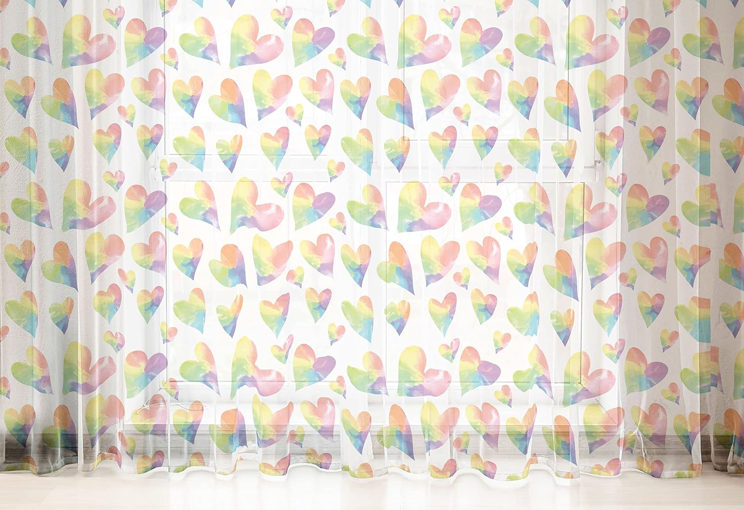 Lunarable Heart Tulle Curtains with Rod Pocket, Watercolor Pastel Tones Shapes in Rainbow Colors Love Art Happy Valentines Day, Sheer Drape for Wedding Party 2 Panels, 108" x 63", Pink Yellow