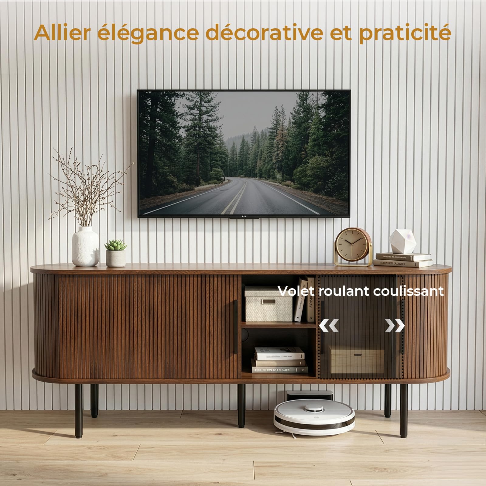 LEADZM Meuble TV avec 2 Portes Coulissantes Étagère Ajustable pour Salon et Chambre à Coucher, Style à lamelles Verticales, 147 x 35 x 58 cm (Noyer)