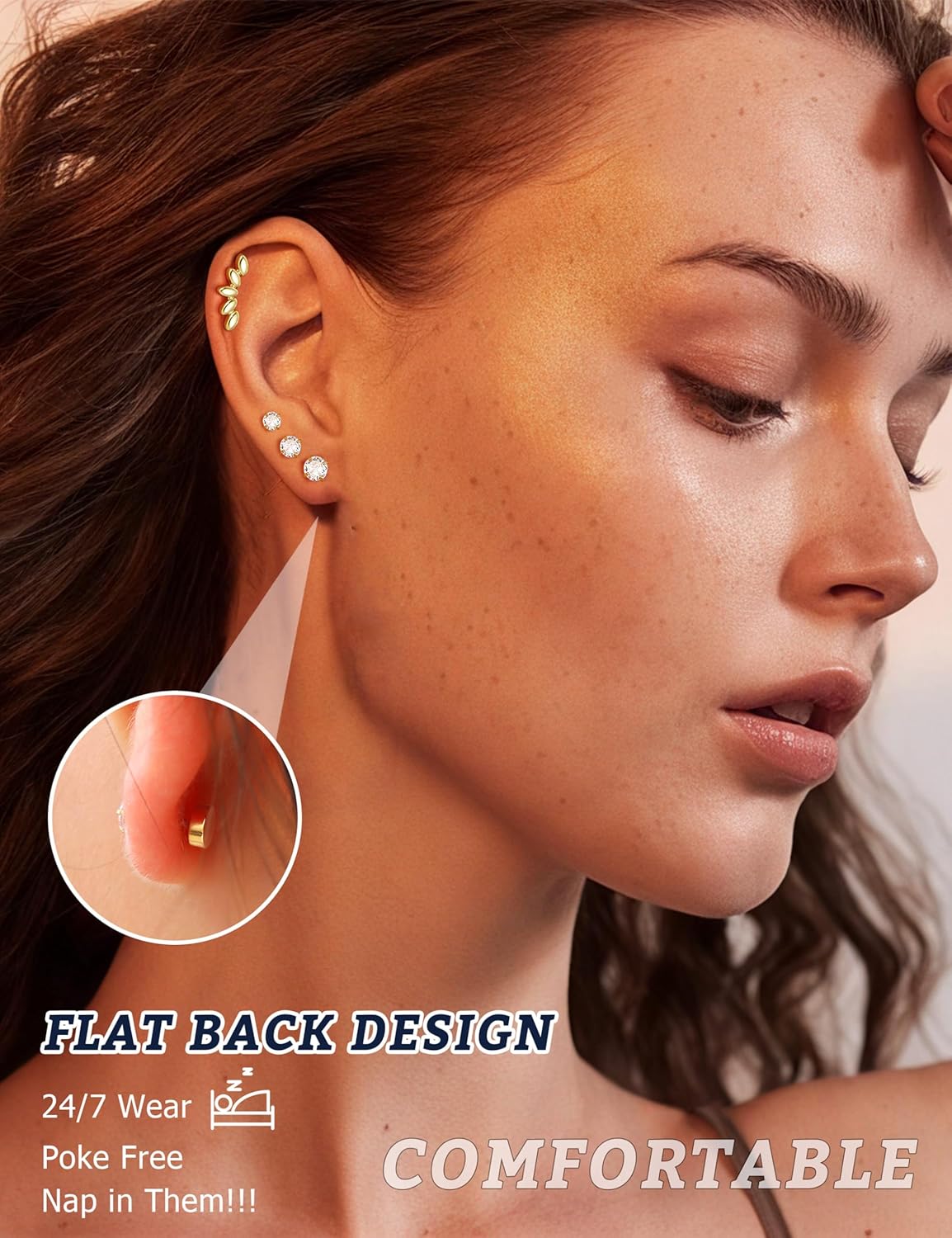 JeryWe Cartilage Earrings for Women Hypoallergenic Flat Back Earrings Surgical Steel for Sensitive Ears Flatback Stud Earring Helix Conch Tragus Daith Piercing Jewelry 16G - Image 2