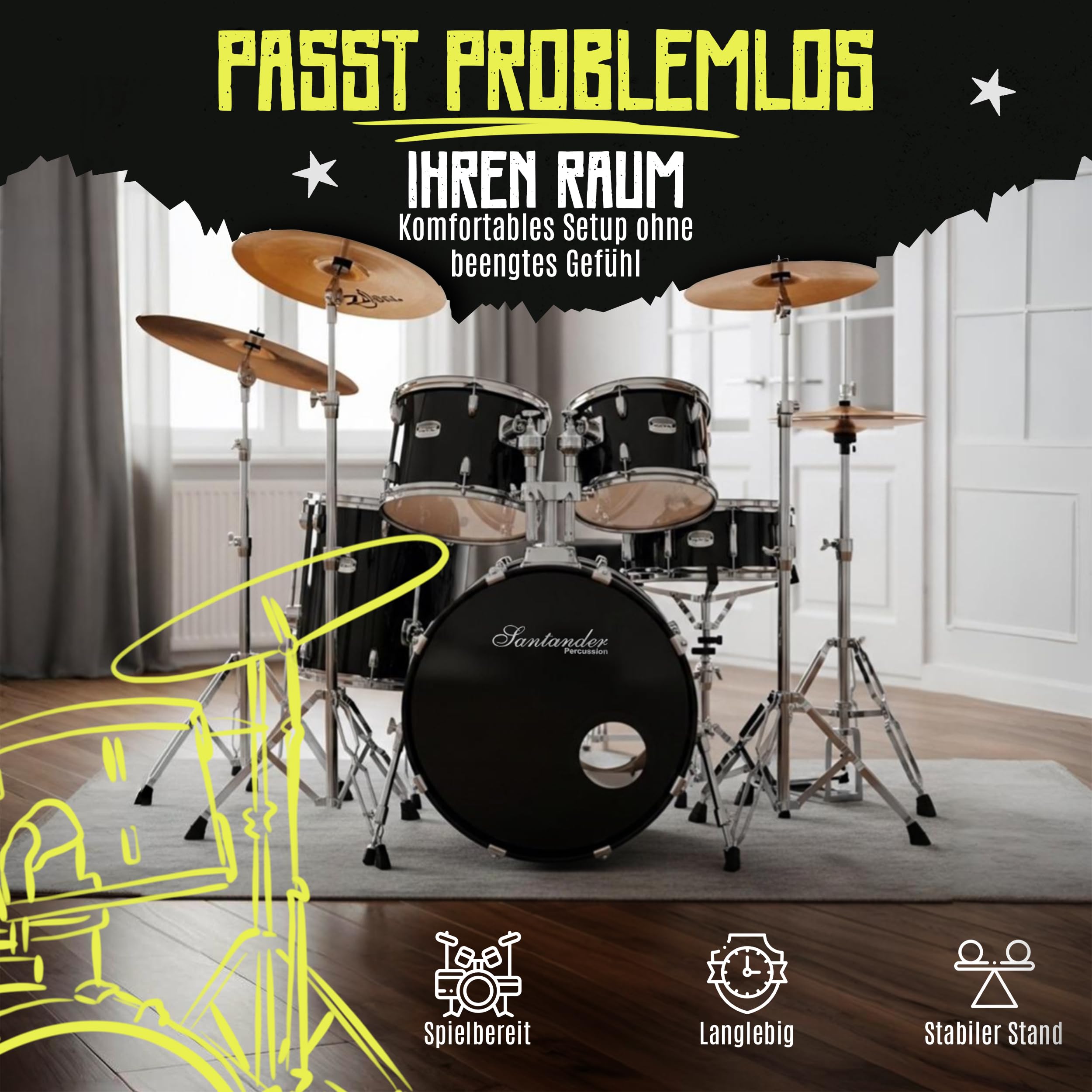 Santander Schlagzeug Set 9-teilig schwarz – Musik-Lern-Instrumentenset für Anfänger, Jugendliche & Schüler – mit Becken, Ständer, Hocker, Snaredrum, Bassdrum, Toms - in Hochglanz schwarz