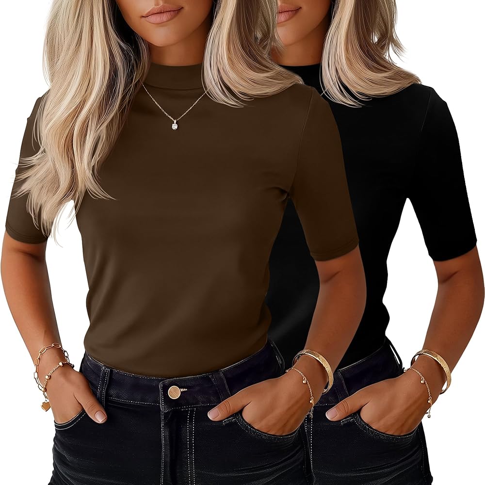 ラッセルノ SIS LOGO MOCKNECK SHIRT (SOLID) Ficerd 2 Pack Women's Mock Turtleneck T Shirts, Half Sleeve