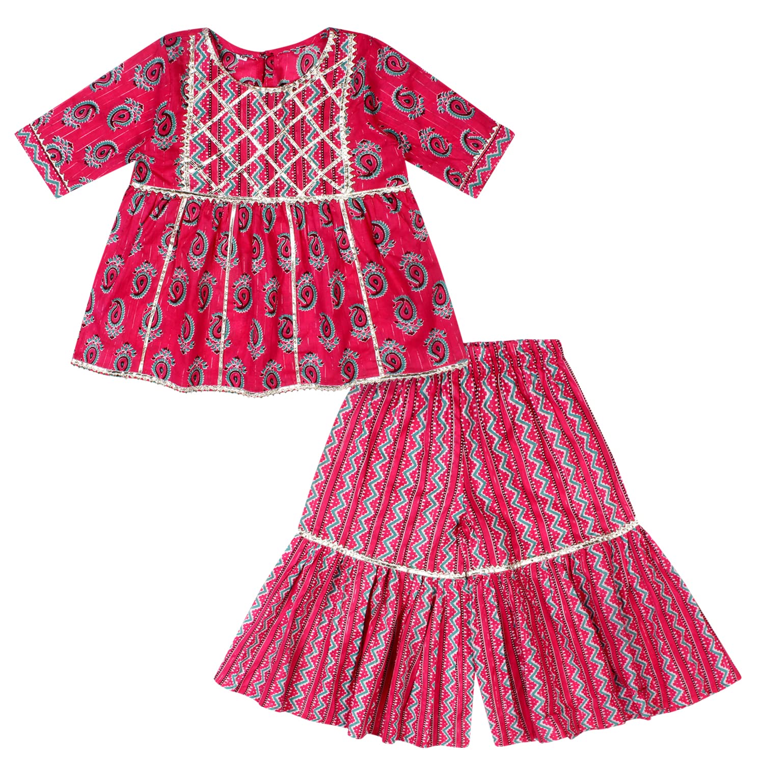 superminis Girls Cotton Printed Sanganeri Prints Frock Style Kurti With Full Length Sharara Set superminis Girls Cotton Printed Sanganeri Prints Frock Style Kurti With Full Length Sharara Set