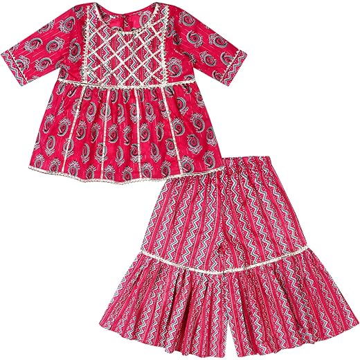 Girls Cotton Printed Frock Style Kurti + Sharara Set