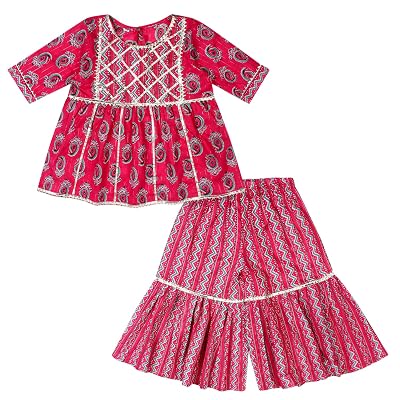 superminis Girls Sanganeri Prints Frock Style Cotton Kurti with Full Length Sharara Set (5-6 Years, Pink)