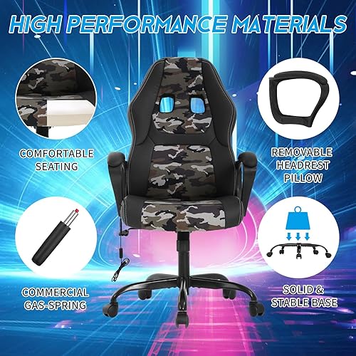 Miniatura 6 de Silla de juegos de PC, silla de escritorio ergonómica de masaje, silla de carreras de piel sintética ajustable con soporte lumbar, reposabrazos de