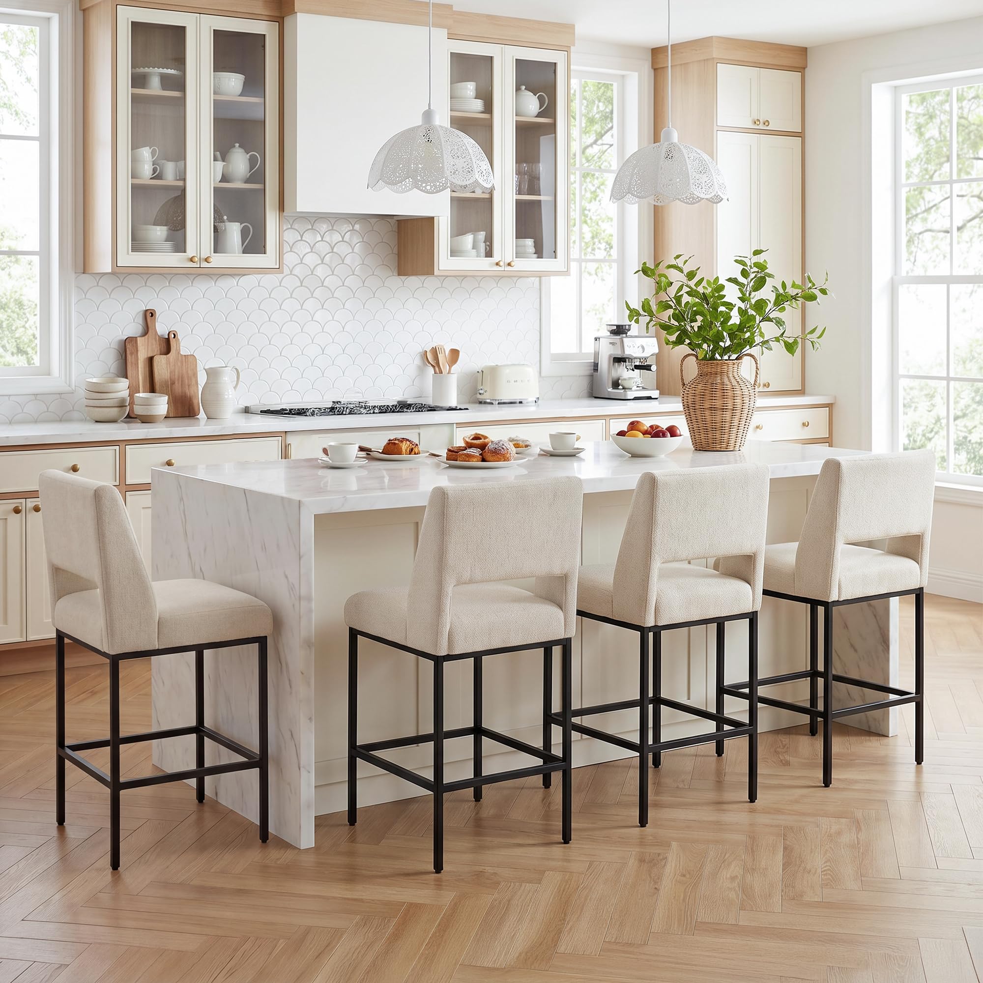 Zesthouse Upholstered Counter Height Stools Set of 4, Linen Fabric Bar Stools with Backs, 26" Modern Counter Height Chairs for Kitchen Island, Luxury Metal Barstools with Extra Thick Cushion, Beige