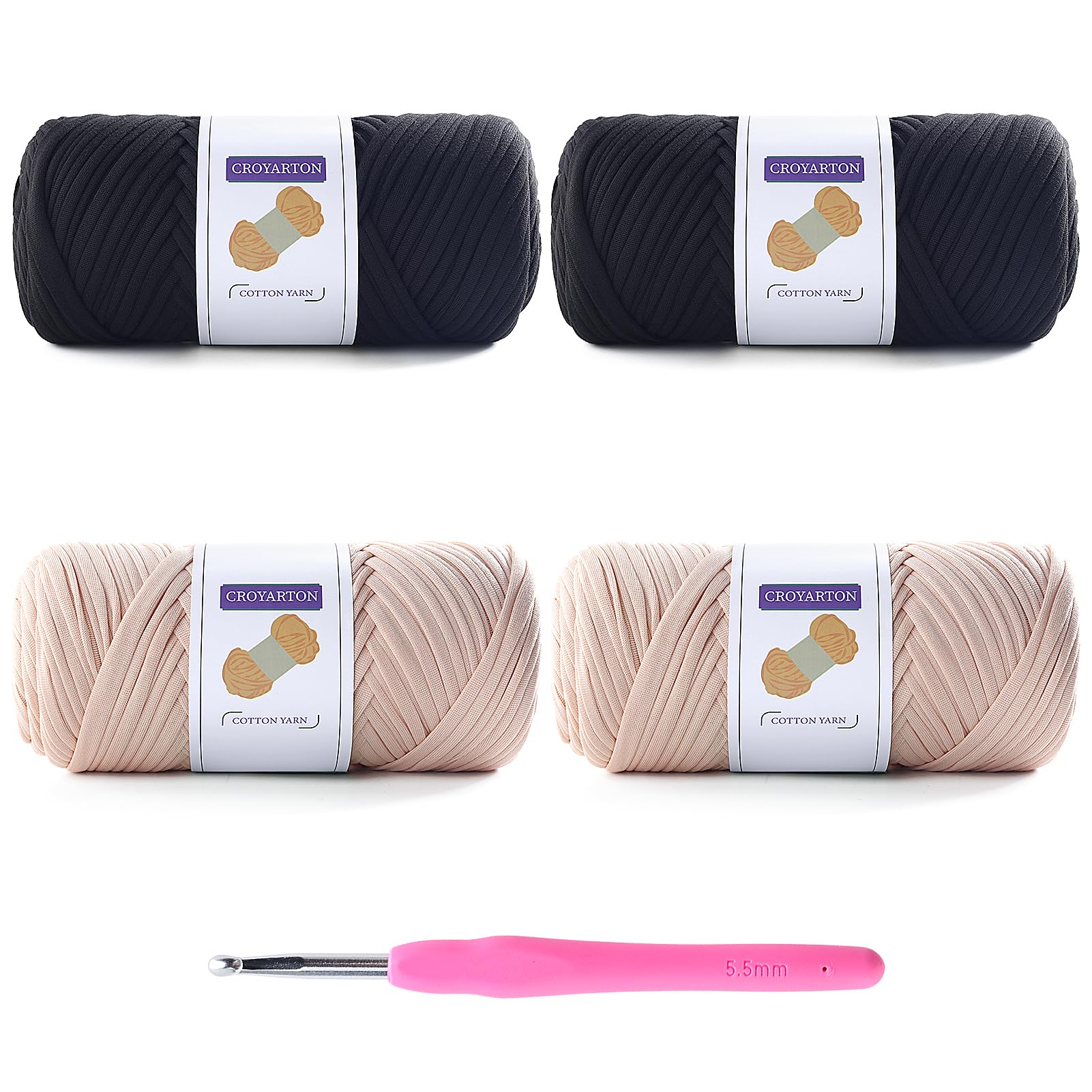 4 Pack Tshirt Yarn for Crocheting, Elastic T Shirt Spaghetti Thick Knitting Yarn Total Length 260 Yds for Crochet Bag Baskets Home Decor with 1 Crochet Hook (4-Black+Beige)