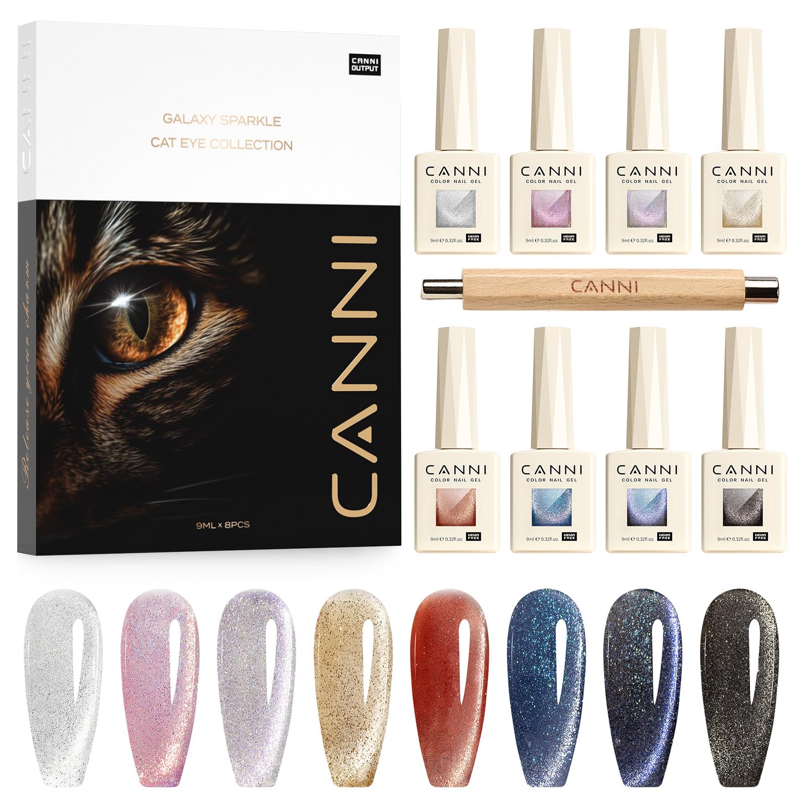 CANNI 8 Pcs 9 ML Cat Eye Gel Nail Polish Set, Jelly Pink Red Purple Blue Black Glitter Cat Eye Gel Polish Kit with Magnet Shimmer Colors Soak Off