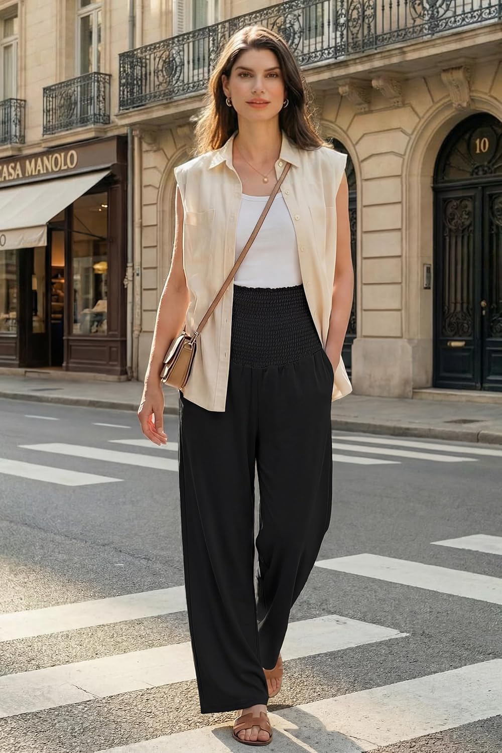 OUGES Womens Lyocell Cotton Maternity Pants Over Belly Smocked Waist Stretchy Casual Wide Leg Palazzo Pants with Pockets - Image 4