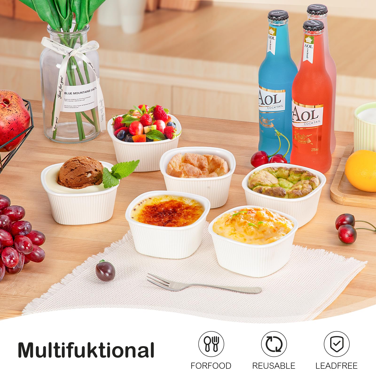 FoiiLiio 6x stampi per soufflé,210 ml Pirottini in Ceramica,Mini Ciotole in Porcellana per Creme Brulè,ciotole in ceramica per creme brulee,Resistenti al Forno,Bianco,Quadrato