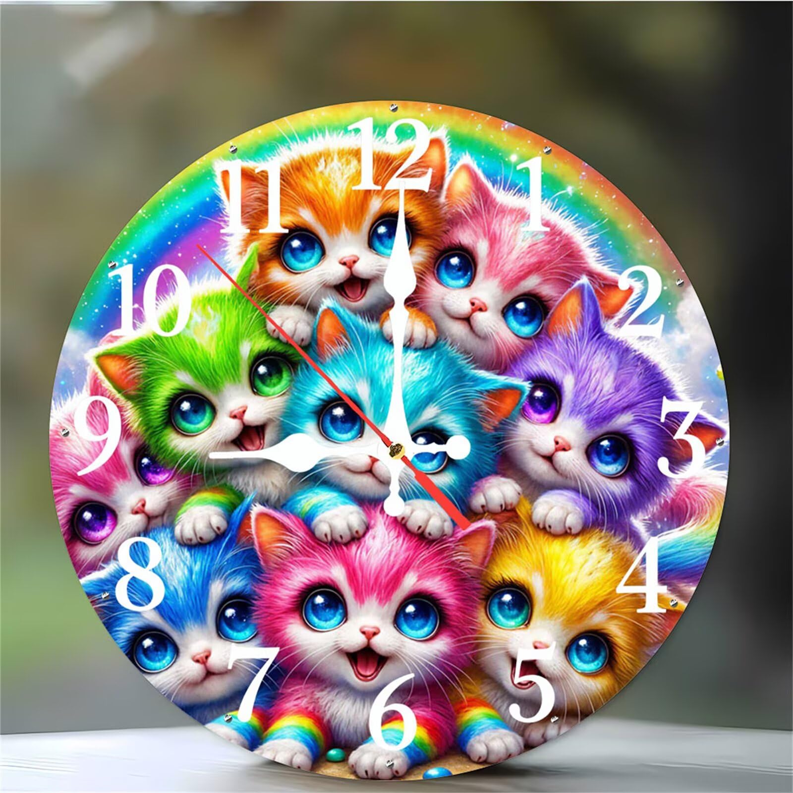 Horloge murale chat coloré mignon de 12 pouces avec mouvement quartz fluide