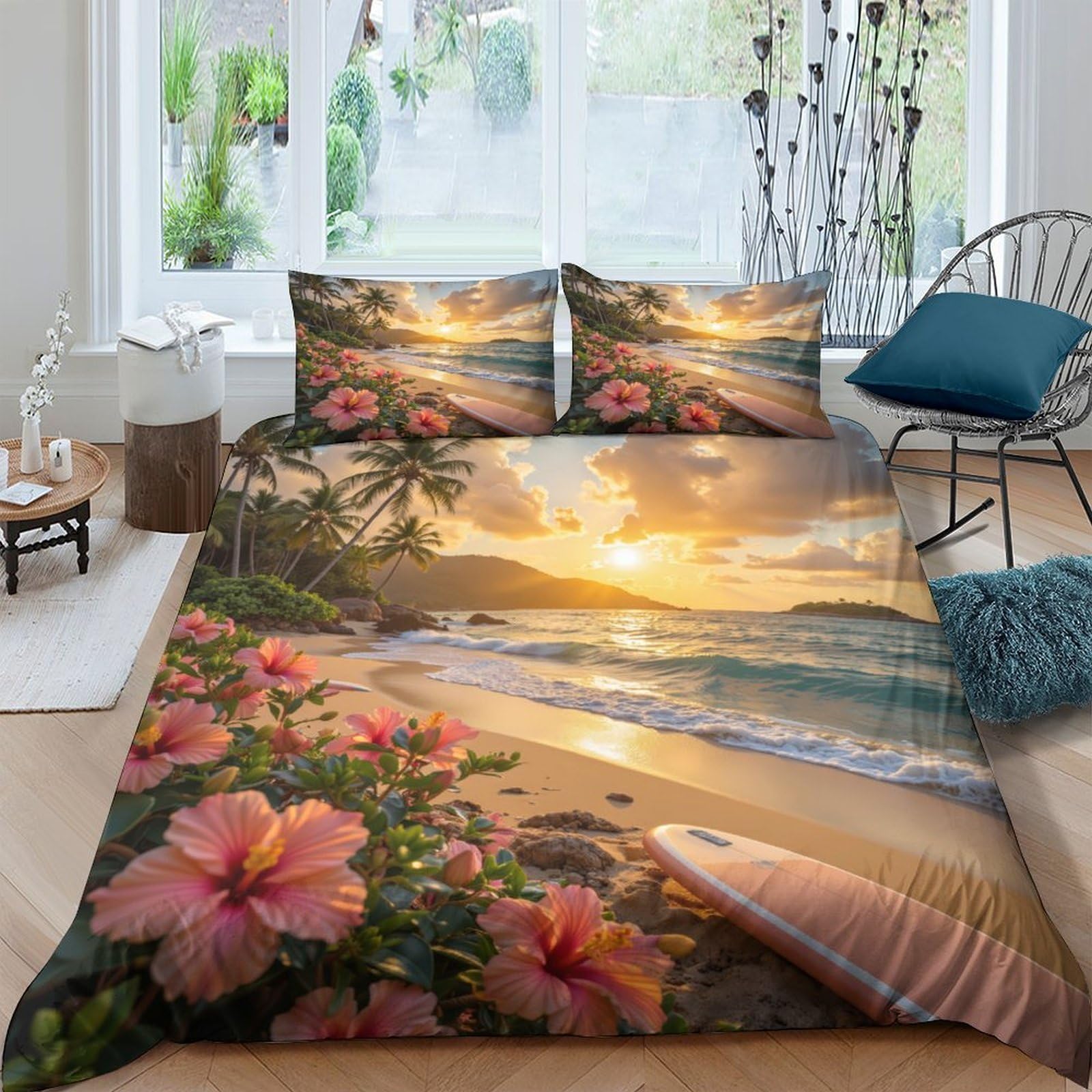 Ctjqhvkz Style-9 3D Printed Tropical Beach Sunrise Fitted Sheet Microfiber Floral Sunset Mattress Cover For Bedroom Guest Room Decor Single（135X200cm）