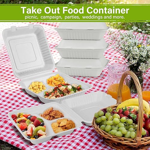 Miniatura 2 de greensight Contenedor de comida compostable para llevar de 8 x 8 pulgadas, paquete de 100 recipientes de alimentos con 3 compartimentos, cajas de