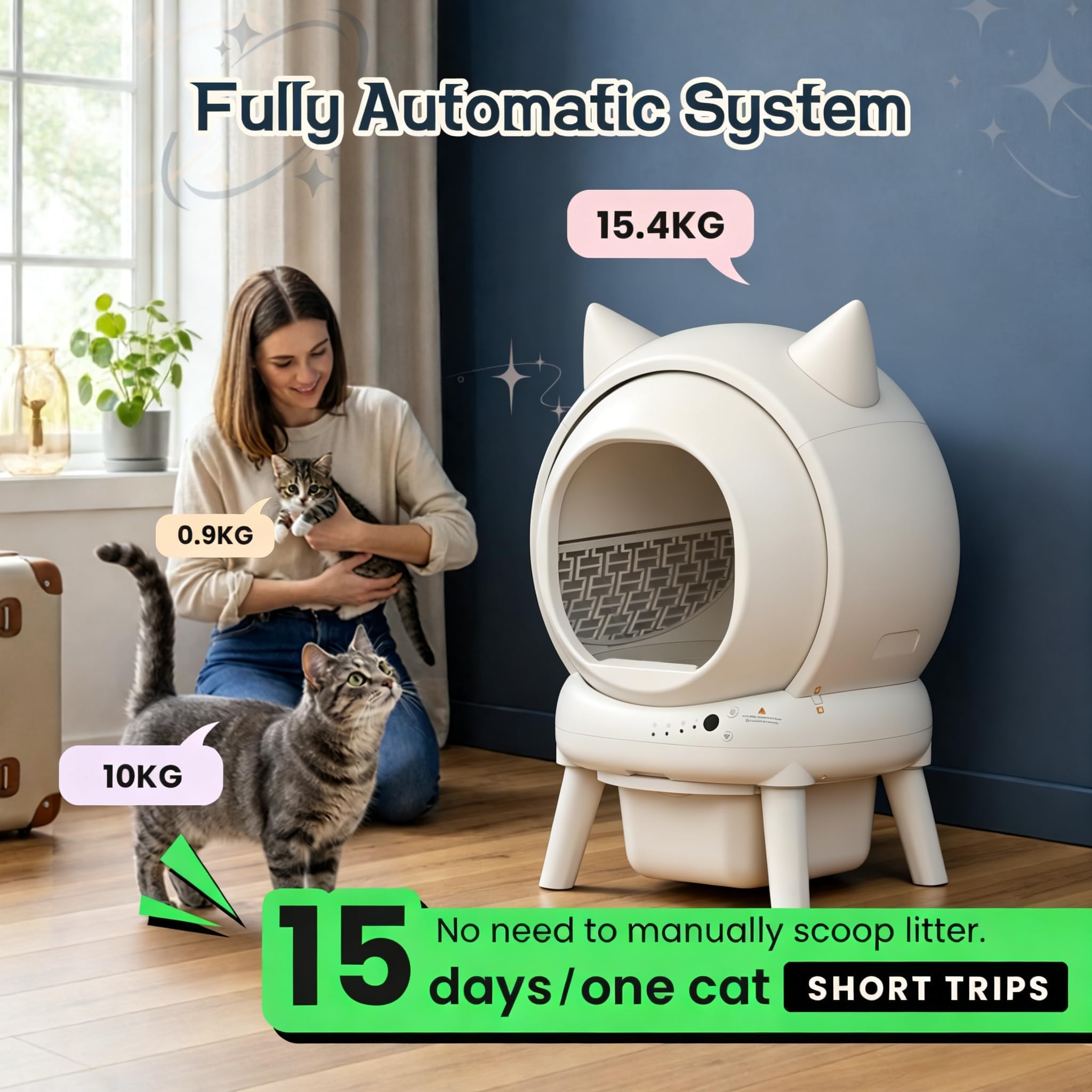 Garvee Lettiera per Gatti Autopulente con Bordi Alti | Lettiera automatica 73L, Controllo da App Wi‑Fi, Antiodori, per Più Gatti di 0,9 kg a 15,4 kg, 9 sensori di sicurezza