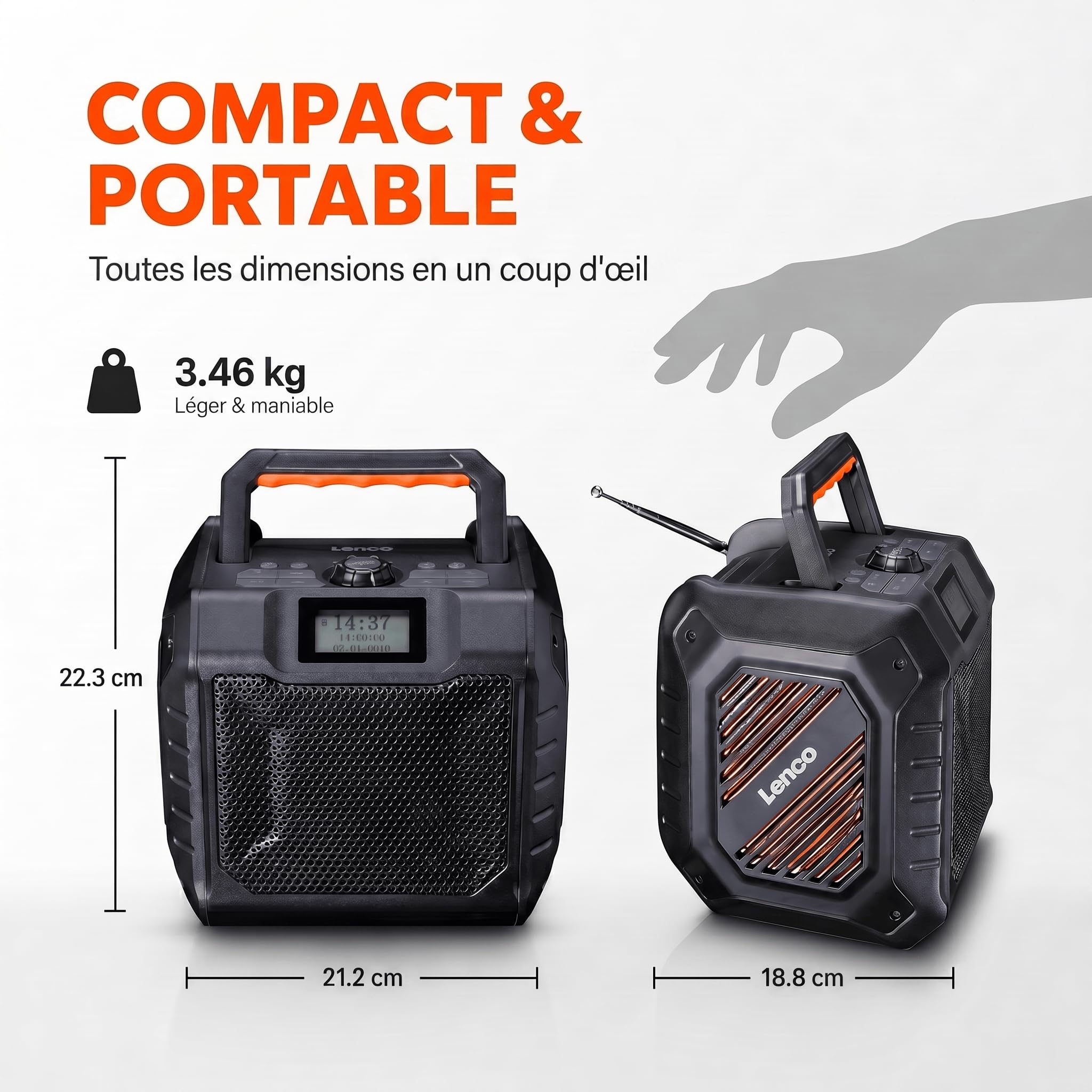 Lenco ODR-160BK Radio Dab+/FM, Haut-Parleur Bluetooth, Antichoc et étanche, Lecteur de Carte SD, AUX-in, 35 W RMS, autonomie de la Batterie 20 Heures, Fonction de Charge USB