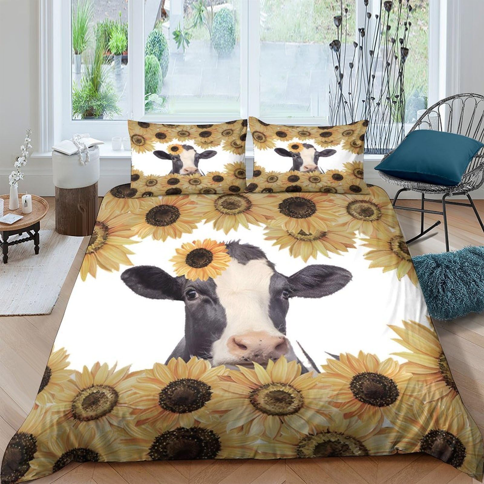 Ctjqhvkz Style-1 3D Printed Sunflower Cow Fitted Sheet Microfiber Soft Breathable Farm Animal Bed Cover For Bedroom Guest Room Decor Single（135X200cm）
