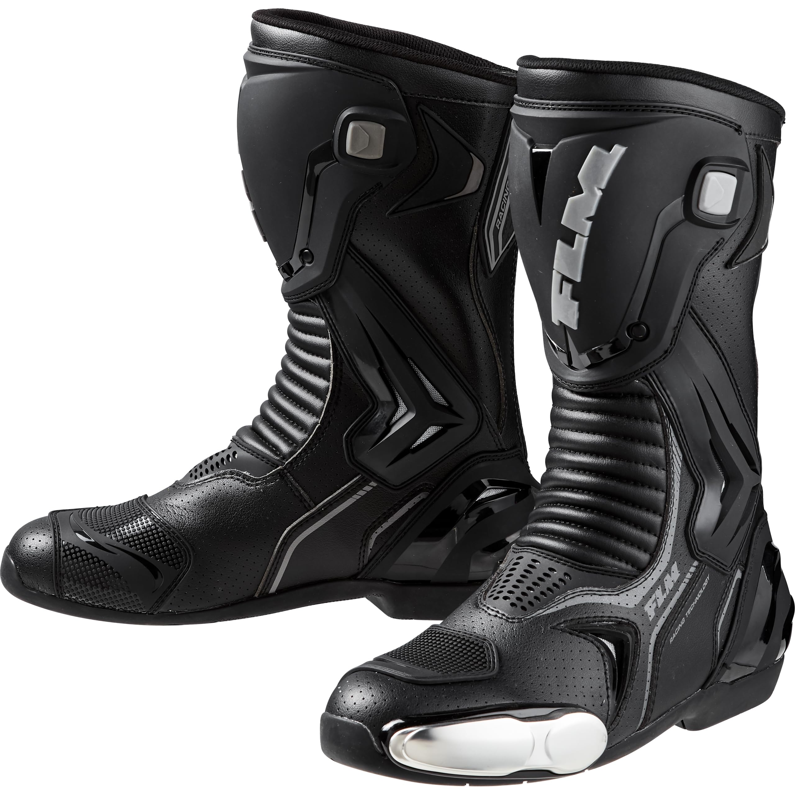 FLM Octane Motorradstiefel Lang - Atmungsaktiv - Hochschlagfeste Schienbeinplatte - Einstellbarer Klett - Gummisohle