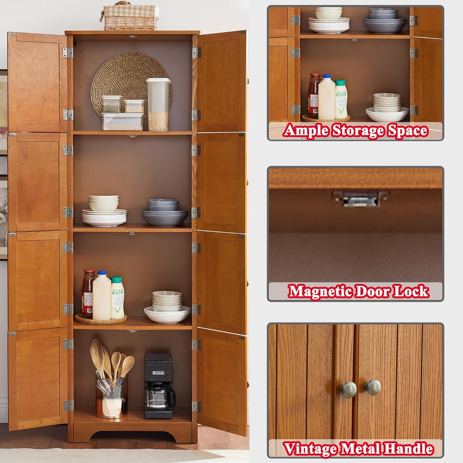 72" Tall Farmhouse Storage Cabinet, 4 Tier Kitchen Pantry Cabinet with 4 Shelves & 8 Doors, Freestanding Floor Storage Cabinet Wooden Organizer Bookcase for Living Room, Kitchen (Oak)