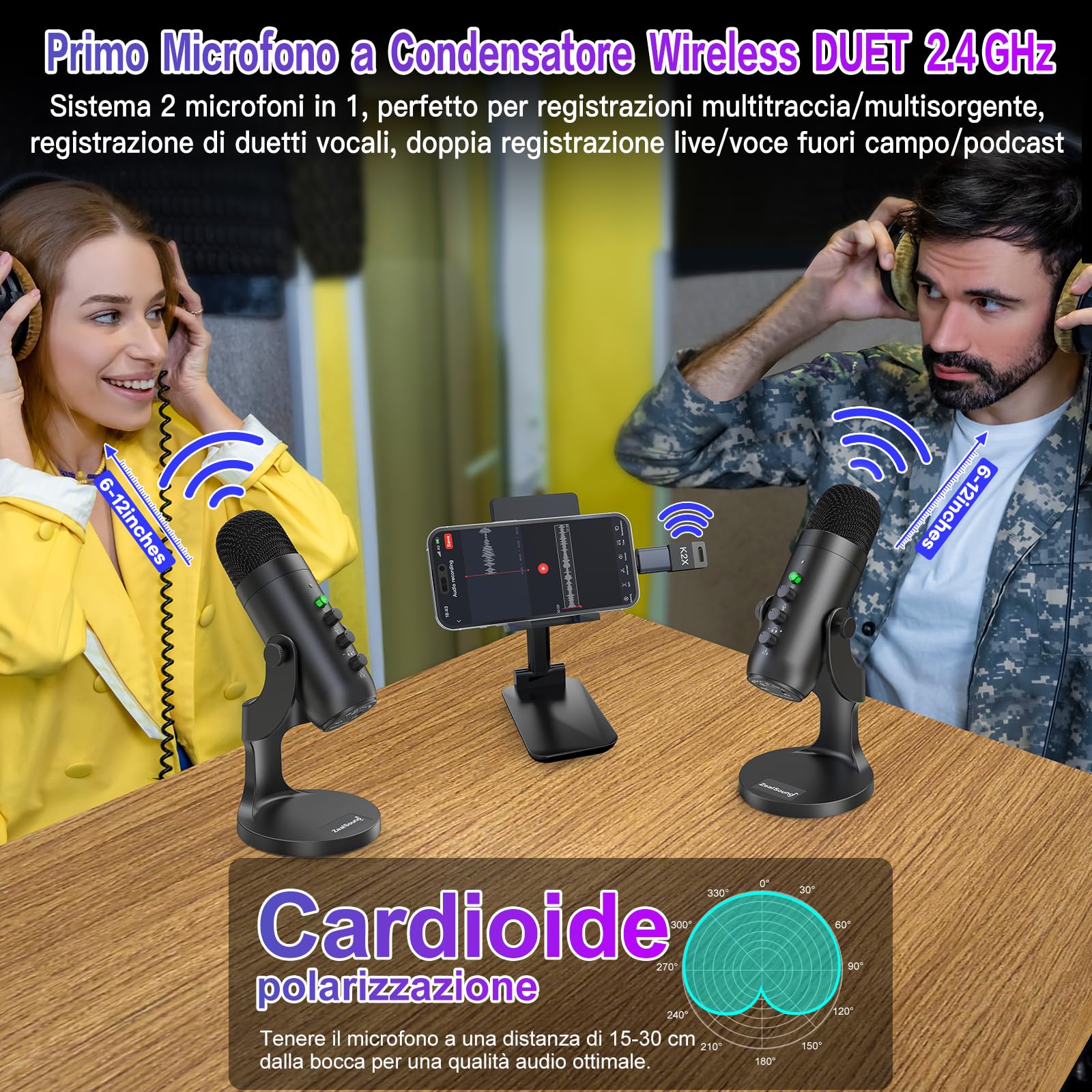 zealsound Microfono USB wireless 2 in 1 per interviste podcast, streaming dual-live, registrazioni, co-commenti di gioco, YuTuber, Dual 2.4 GHz, microfono wireless Plug & Play per PC, cellulare