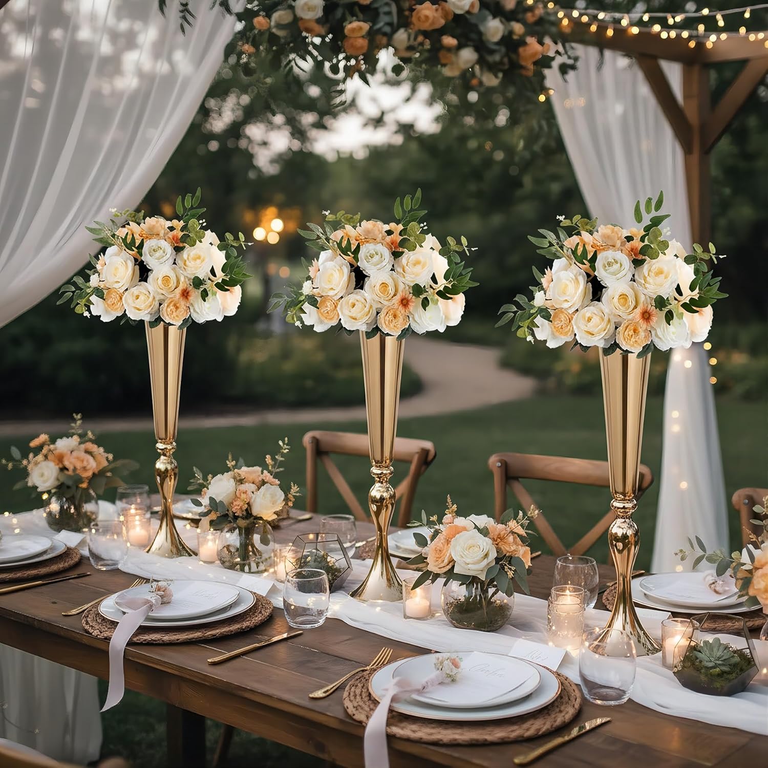Gold Centerpieces for Table Wedding Vase - 2 Pcs 21.9" Tall Versatile Metal Trumpet Vase Tabletop Flower Stand for Party Dinner Anniversary Ceremony Centerpiece Event