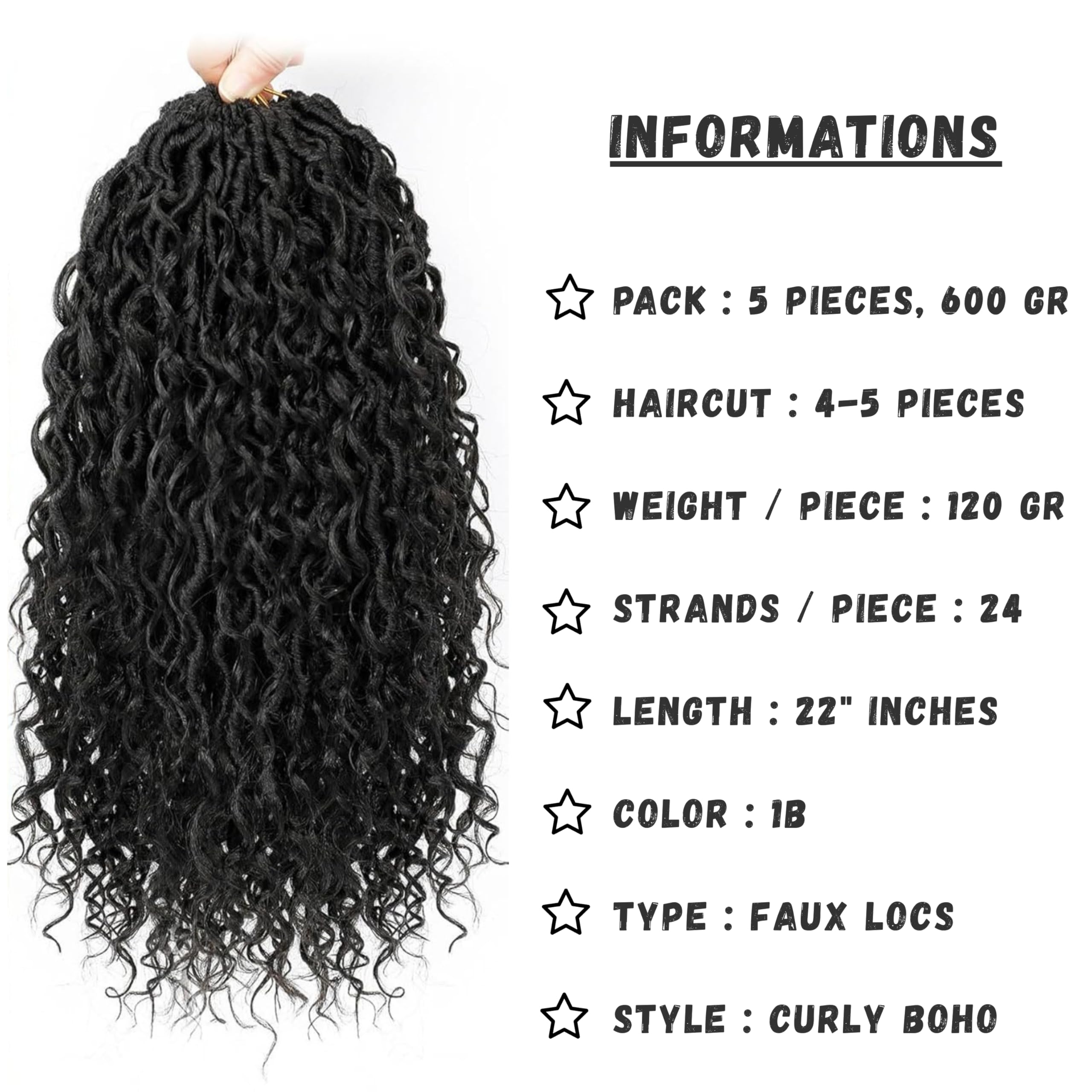 Faux Locs Curly Boho Braid Hair - Haarverlängerungen zum Flechten mit Crochet im Echthaar-Look Kanekalon - 600 g 120 Strähnen auf 5 Stück + 3 Zubehör inklusive (1B, 22" 45cm)
