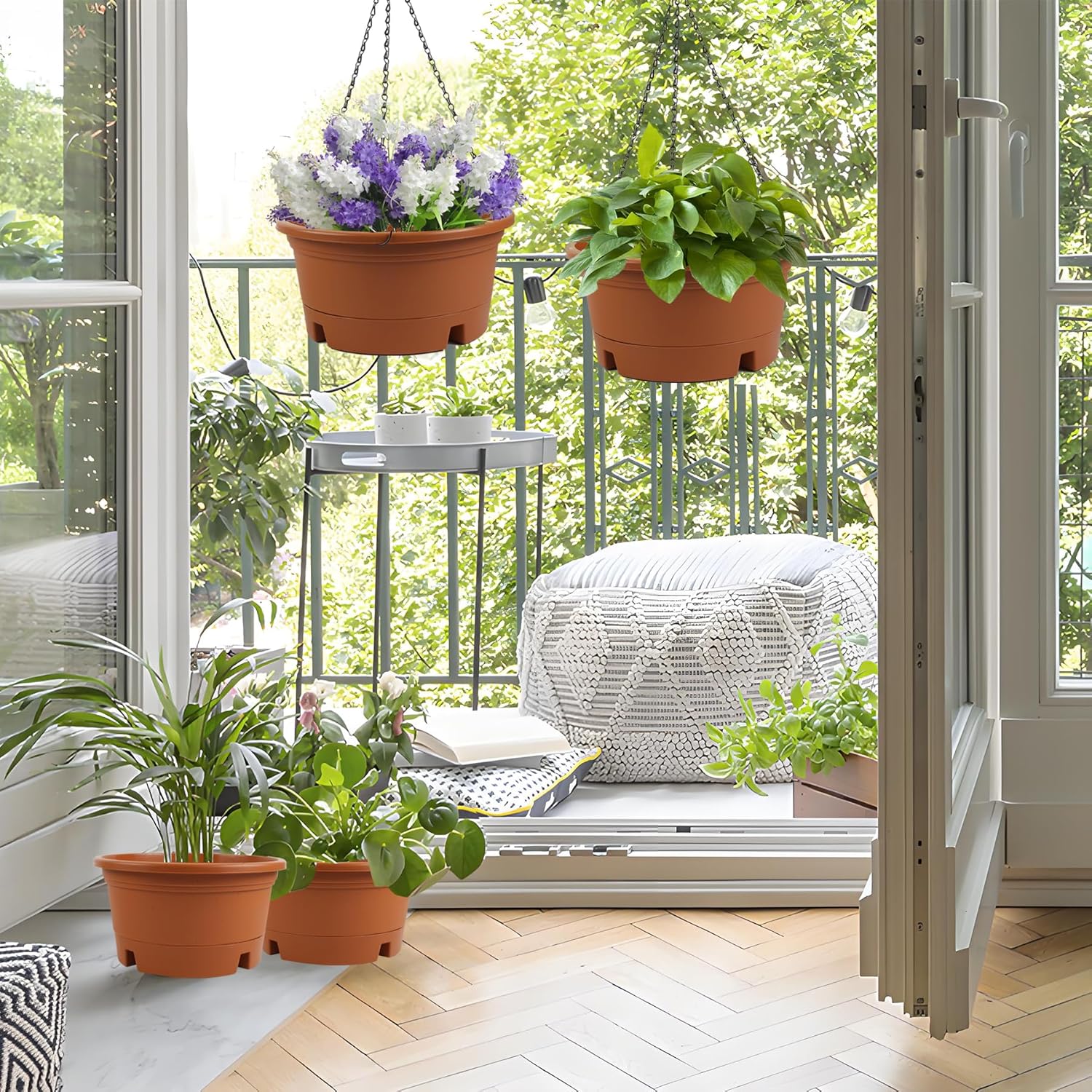 4 Pack 10 Inch Hanging Planters for Indoor Plants, Hanging Baskets for Plants Outdoor with Removable Tray, Plastic Round Hanging Flower Pots with Drainage Holes for Garden Home Decoration (Terracotta)