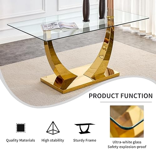 Miniatura 3 de Mesa de comedor rectangular moderna de vidrio para 4, 6, 8, mesa de comedor con mesa de vidrio templado y pedestal de metal chapado en oro en forma