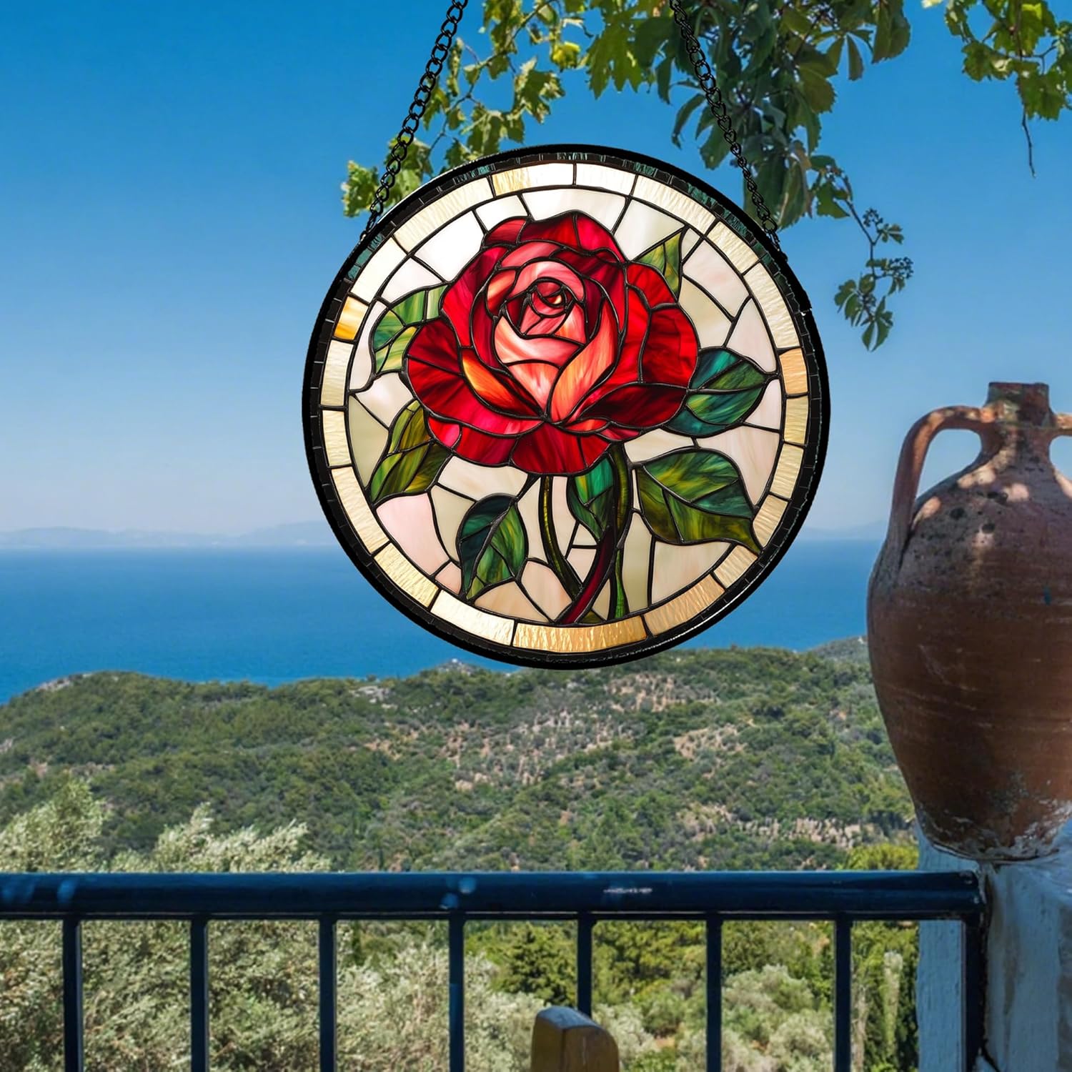Stained Glass Window Hanging Red Rose 6.3" - Suncatcher Door Garden Sun Catcher Decor Birthday Valentine's Day Christmas for Men Woman Boy Kids Mom Nana Grandma - Image 2