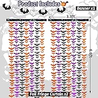 Vista 2 de Paquete de 3 cortinas de flecos de aluminio de murciélago para Halloween, incluye pancarta, decoración de pared para decoración de fiesta de negro