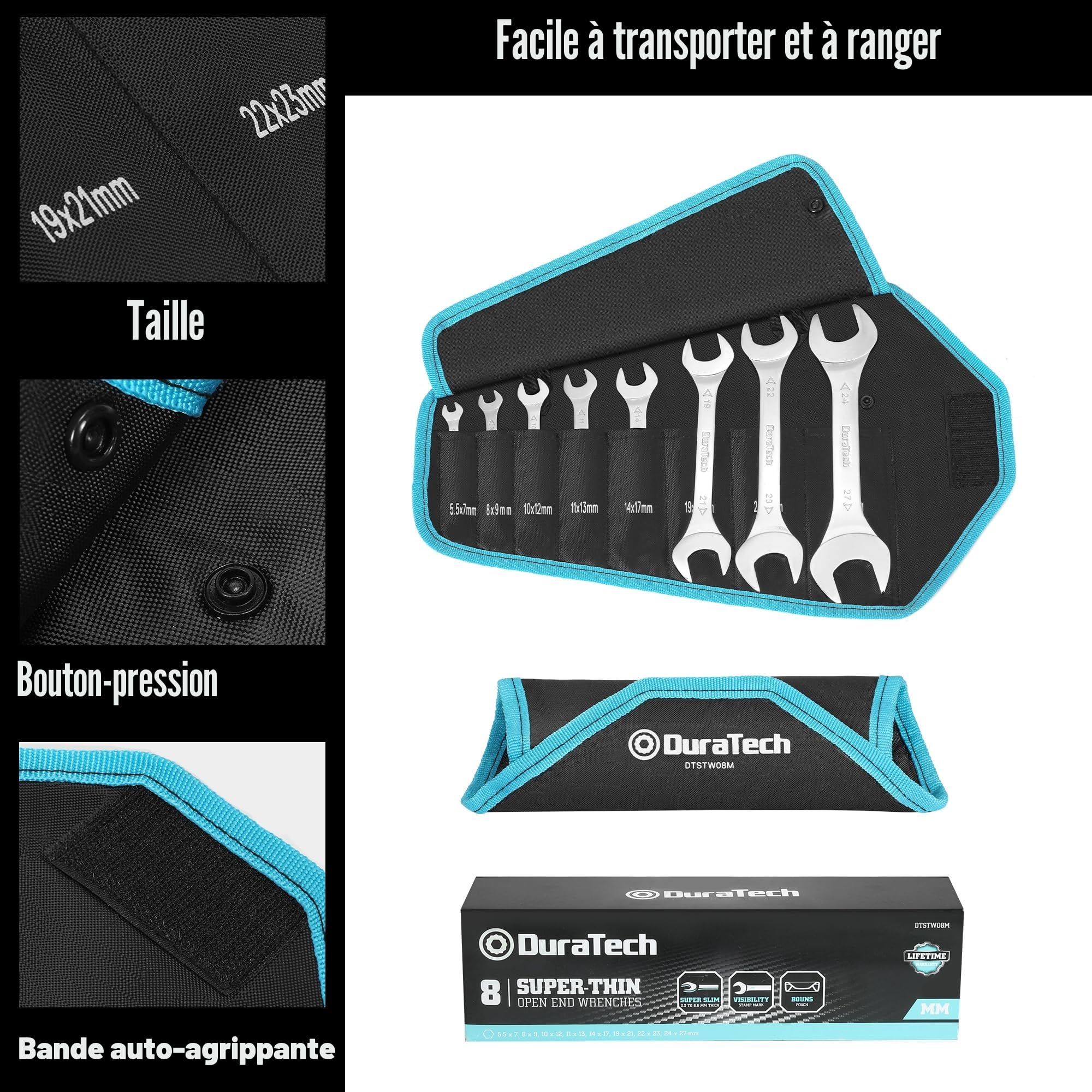DURATECH Jeu de 8 Clés Plates Doubles Ultra-Fine 5,5 mm-27 mm, Clés Plates à Double Extrémité Ouverte, Chromé Miroir, 3 mm d'Épaisseur, avec une Pochette Enroulable