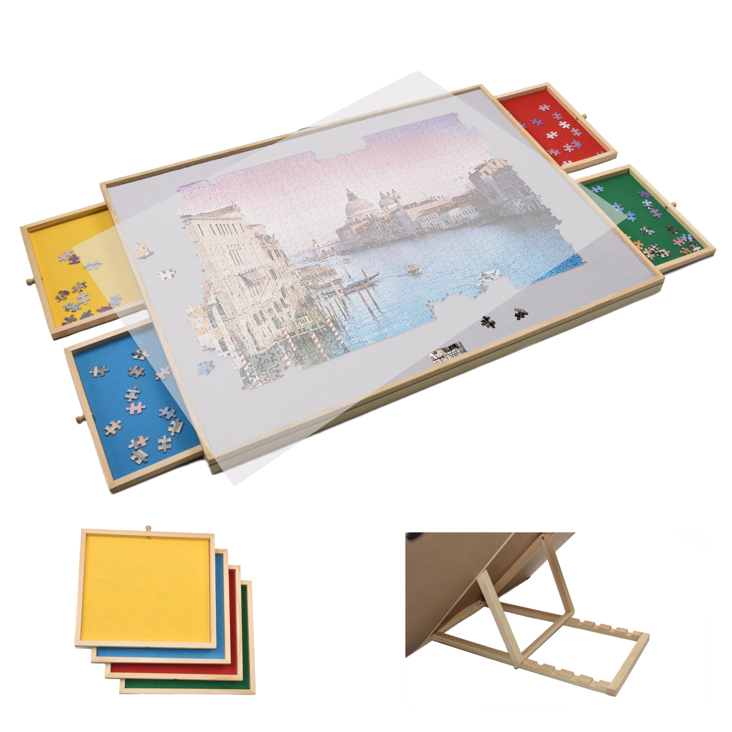 Plateau à Puzzle En Bois Avec 6 Tiroirs FLINQ - Pour Puzzles Jusqu'à 1000 Pièces - Dimensions 76x56 Cm - Planche De Rangement Avec Couvercle