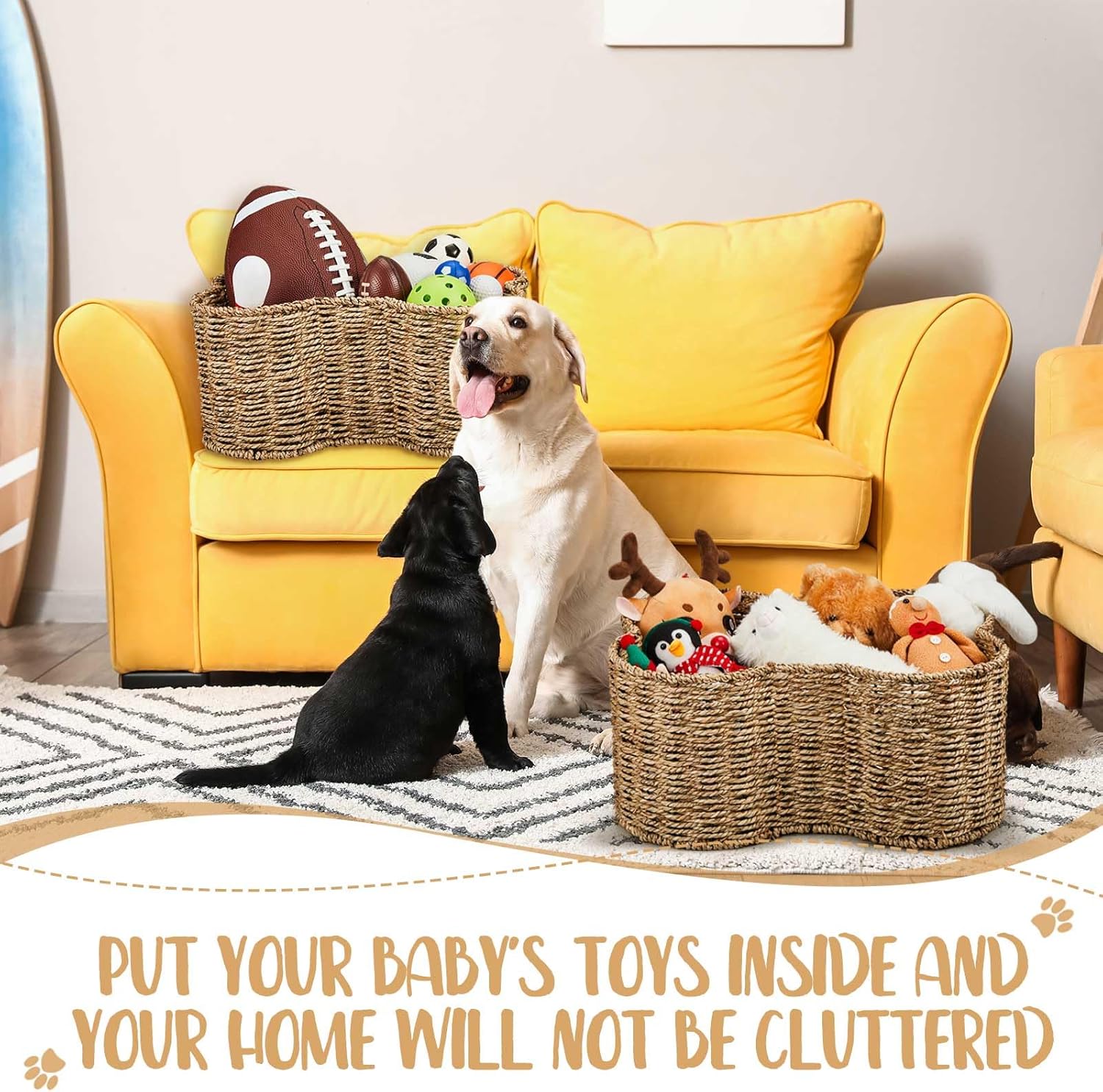 Maxcheck 2 Pcs Dog Toy Basket Bone Shaped Dog Toy Box Bin Handmade Wicker Bone Shaped Basket for Pet Storage Organizer, 2 Sizes 16. 1 x 12. 2 x 7. 1 Inch, 14. 2 x 10. 2 x 6. 3 Inch