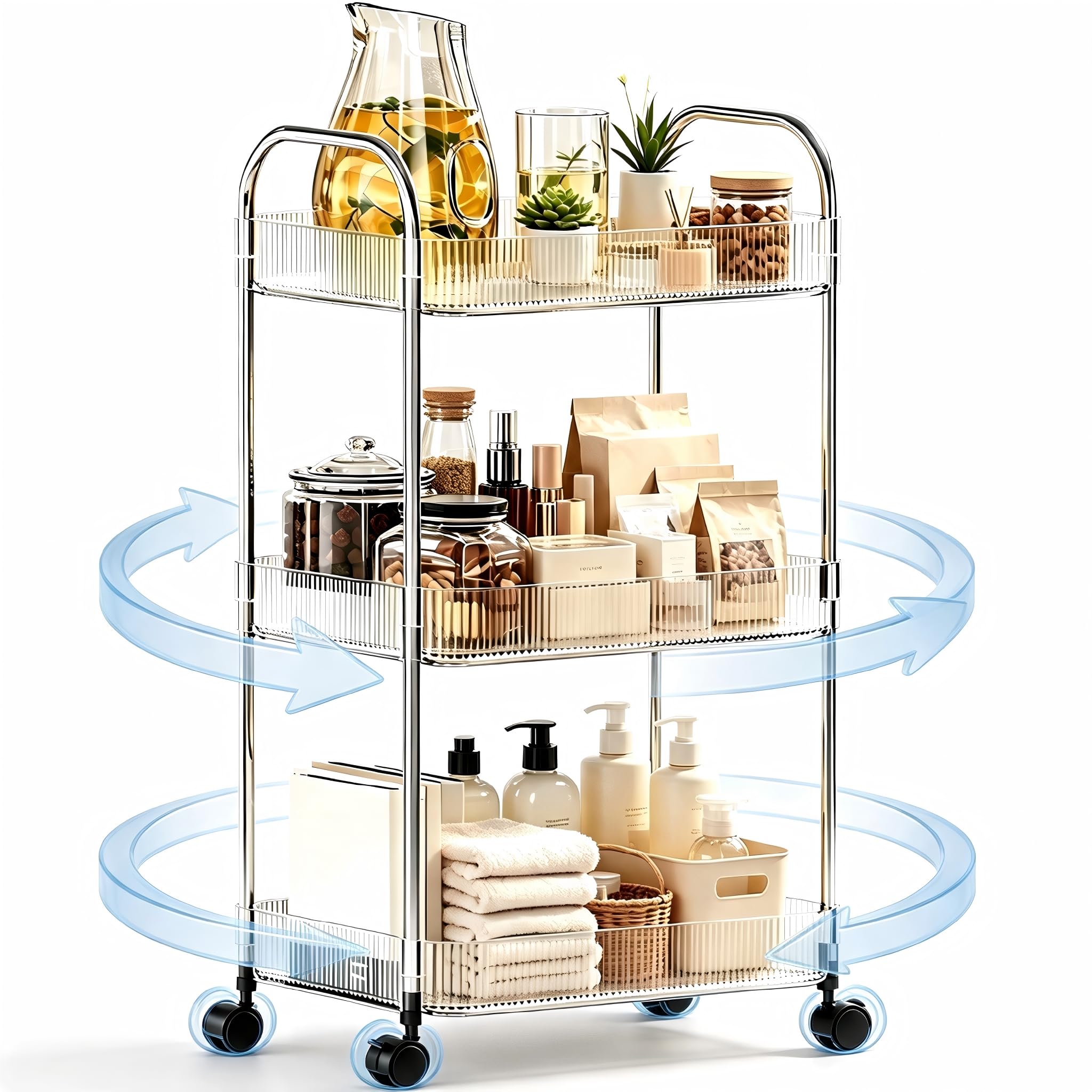 Guyi-Duck Clear Acrylic Storage Cart with Wheels, Transparent Rolling Organiser Trolley for Kitchen, Bathroom, Office and Home Corner
