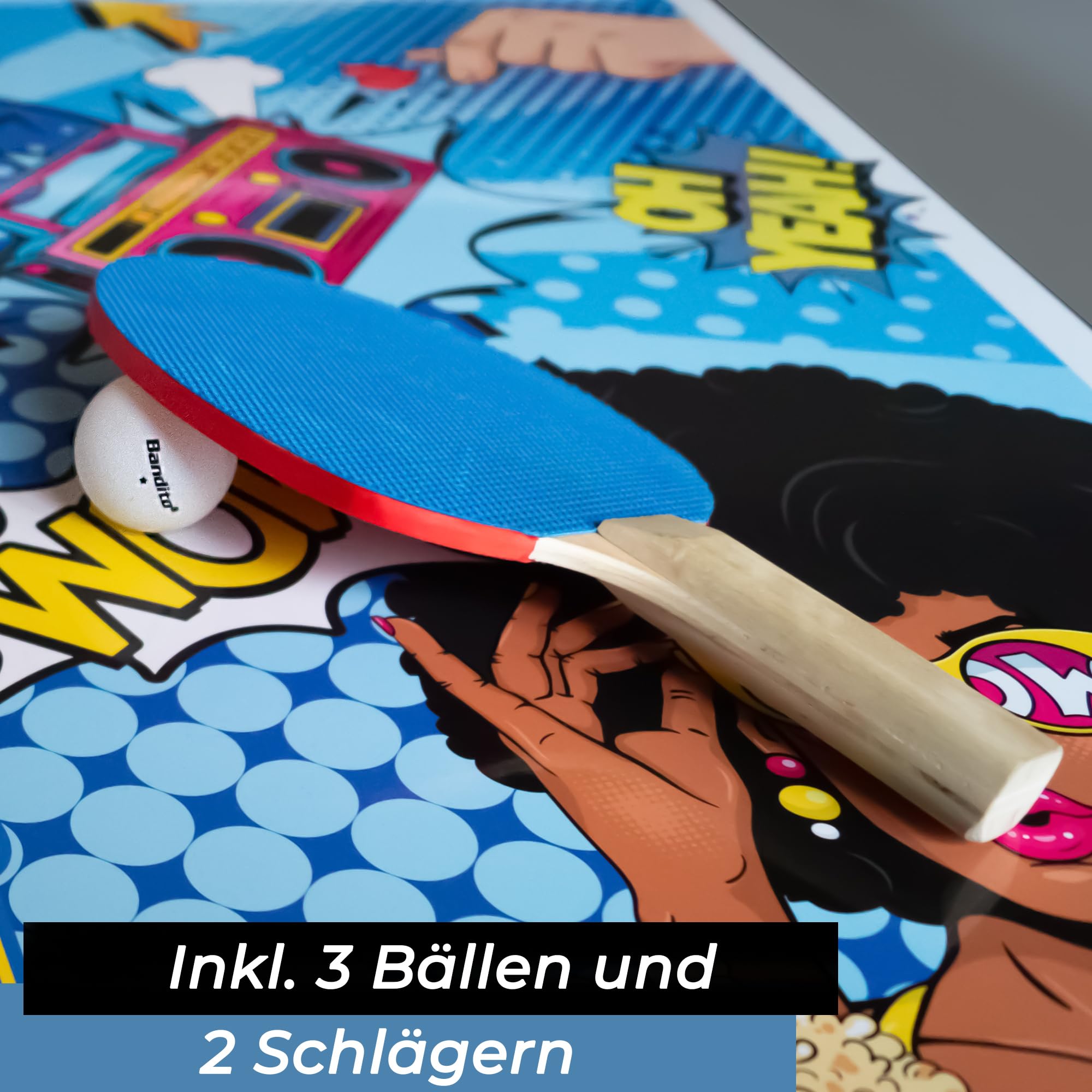 Bandito Mini tavolo da ping pong con 2 racchette e 3 palline in stile fumetto, pieghevole con maniglia per il trasporto, tavolo da ping pong di medie dimensioni, piccolo tavolo da ping pong per
