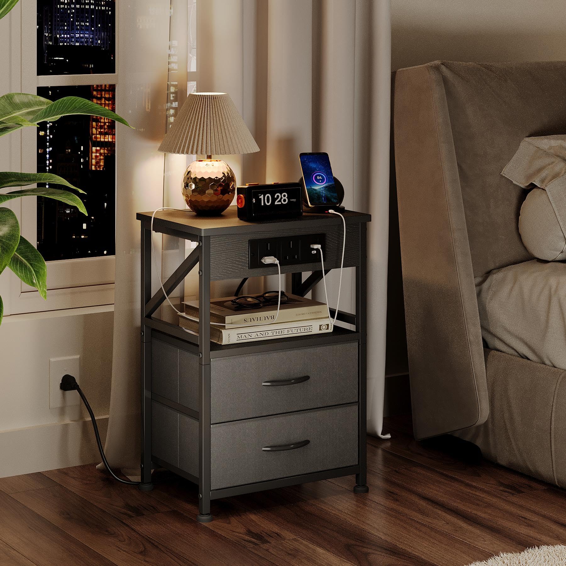 Bedside Table with Power Strip, Bedside Cabinet with 2 Drawers, Bed Side Table for Bedroom, Night Stand, 2 AC Outlets, & 2 USB Ports, Side Table with Metal Frame, Grey Oak-picture-41