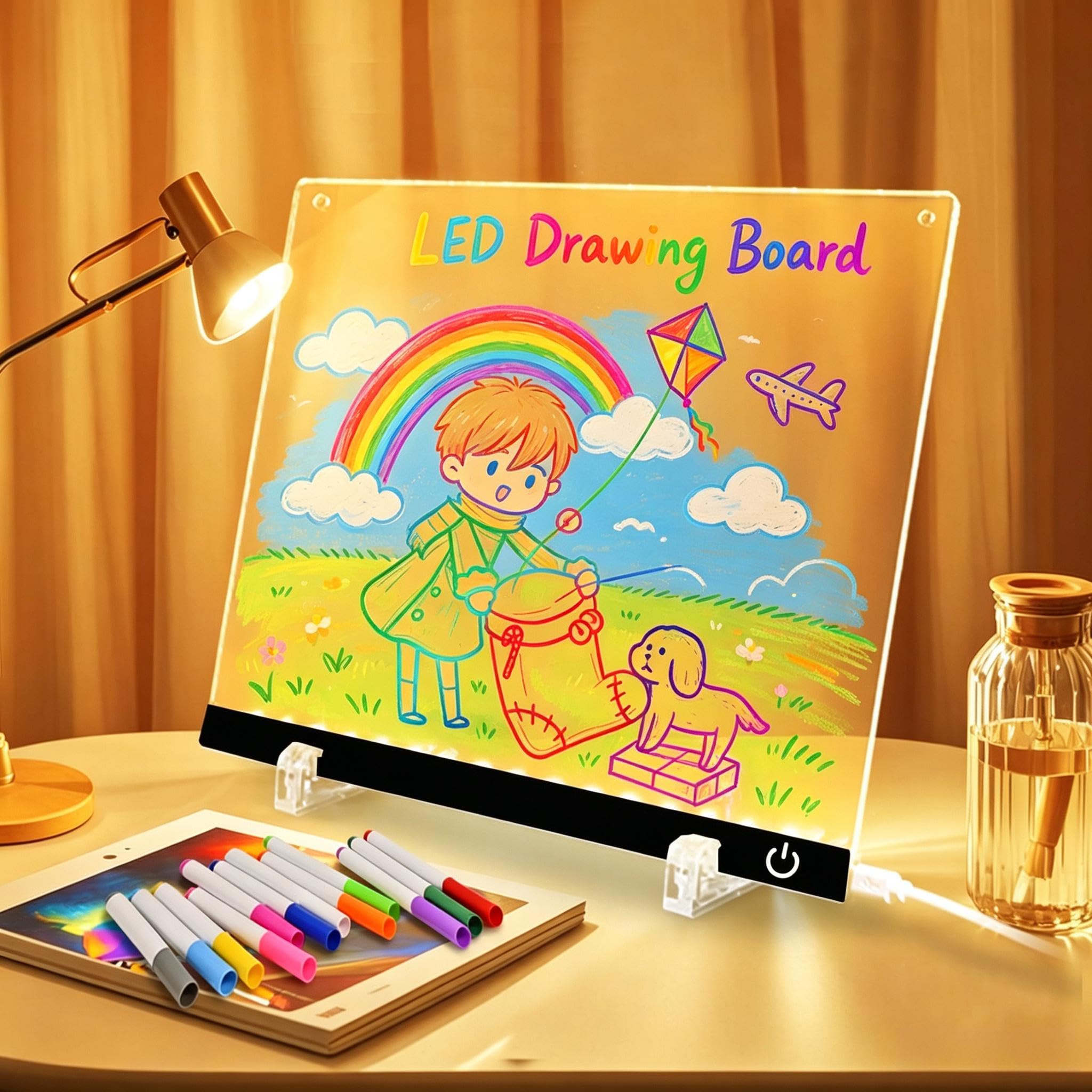 12"x8.5" LED Drawing Board with 12 Markers, Brightness Adjustment Touch Button Control, Doodle Glow Acrylic Dry Erase Board with LED Light, Writable Night Light, Gifts for Kids/Office/Home/Outside