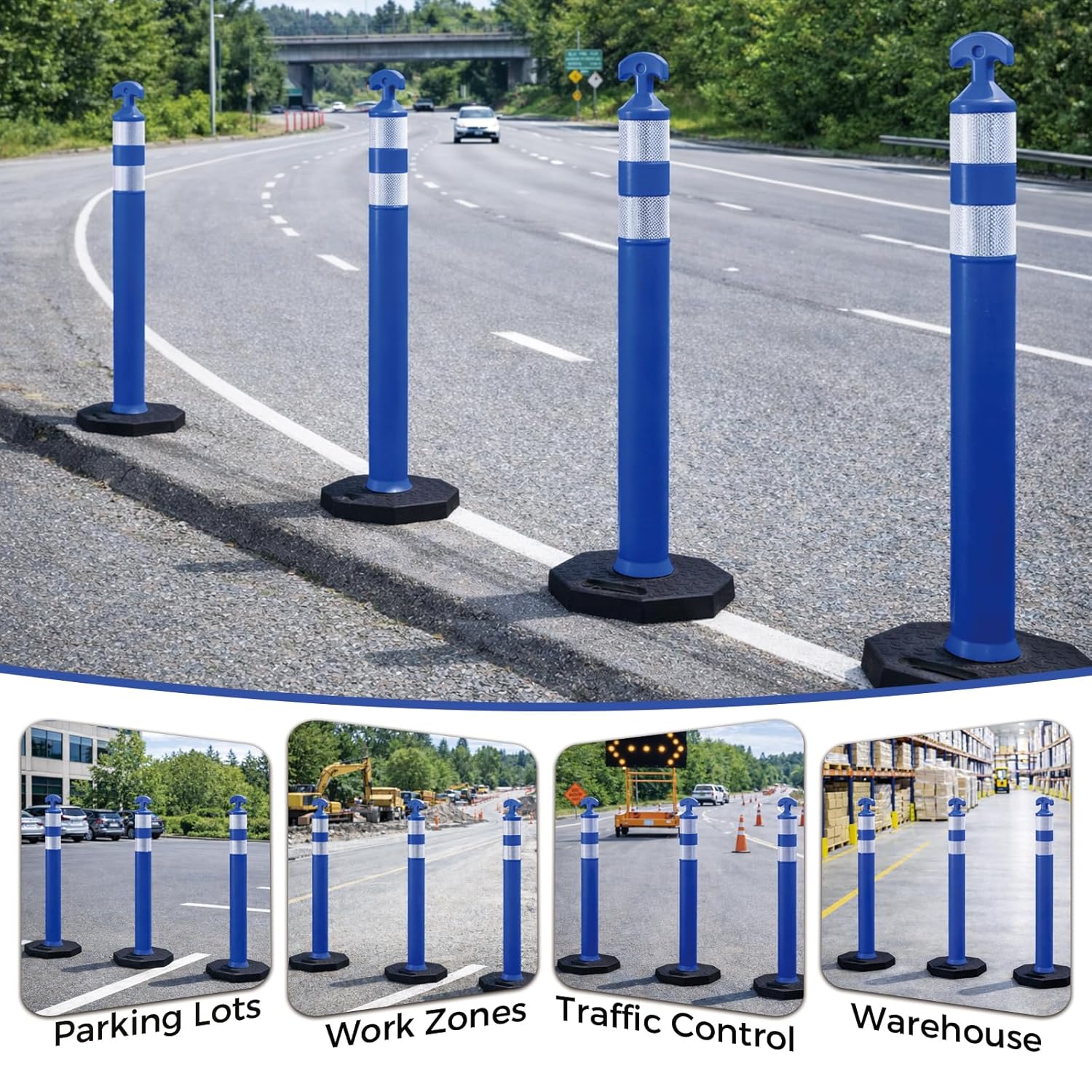 9Pack Traffic Delineator Cones 36” inch High with Reflective Bands & Heavy Duty Rubber Base - White, Yellow, Blue Traffic Safety Cones for Construction, Road, and Public Area Safety