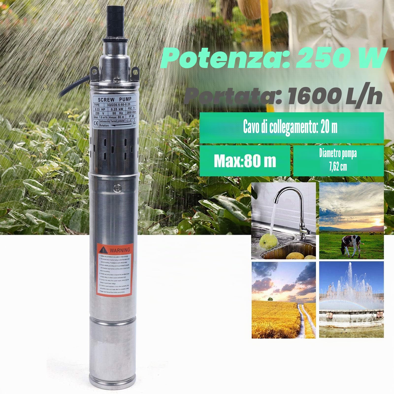 Pompa per pozzi profondi, 250 W, 3 pollici, acciaio inox, 1600 l/h, altezza di mandata 80 m