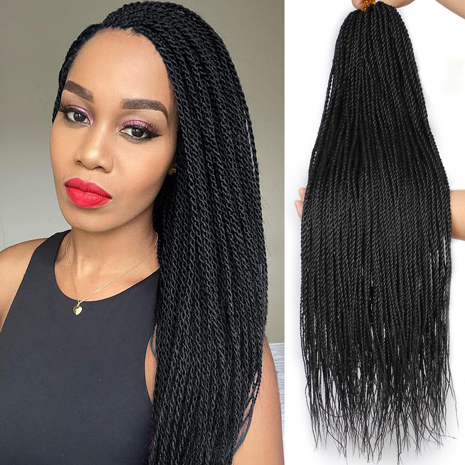 Samtress Mini Senegalese Twist Crochet Hair 24 Inch 8 Packs Small Twist Crochet Braids Hair Synthetic Hot Water Setting 25 Strands/Pack Black Crochet Hair For Women (#Black)